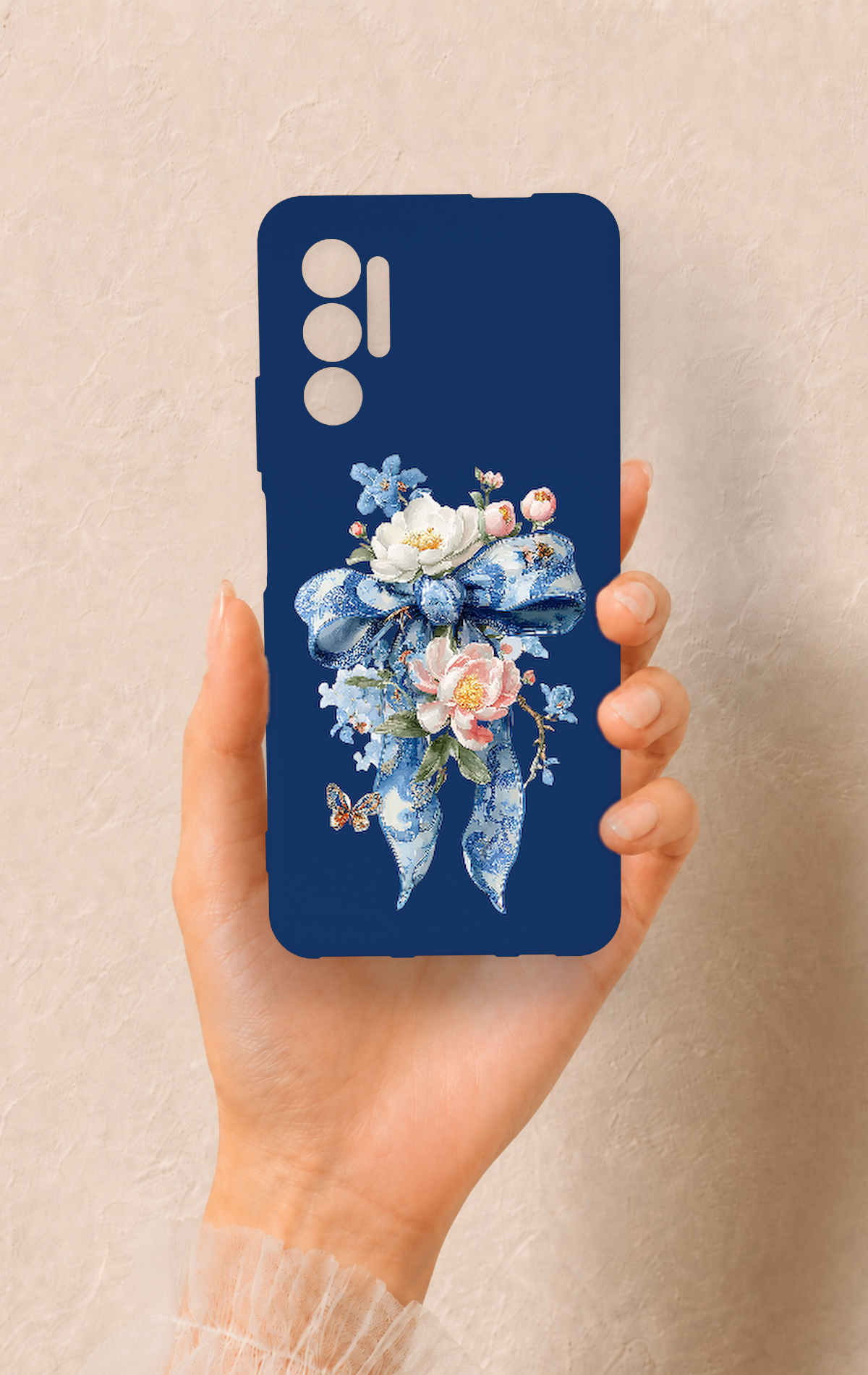 Tecno Pova 3 Uyumlu Mavi Kurdeleli Çiçek Desenli Silikon Kılıf
