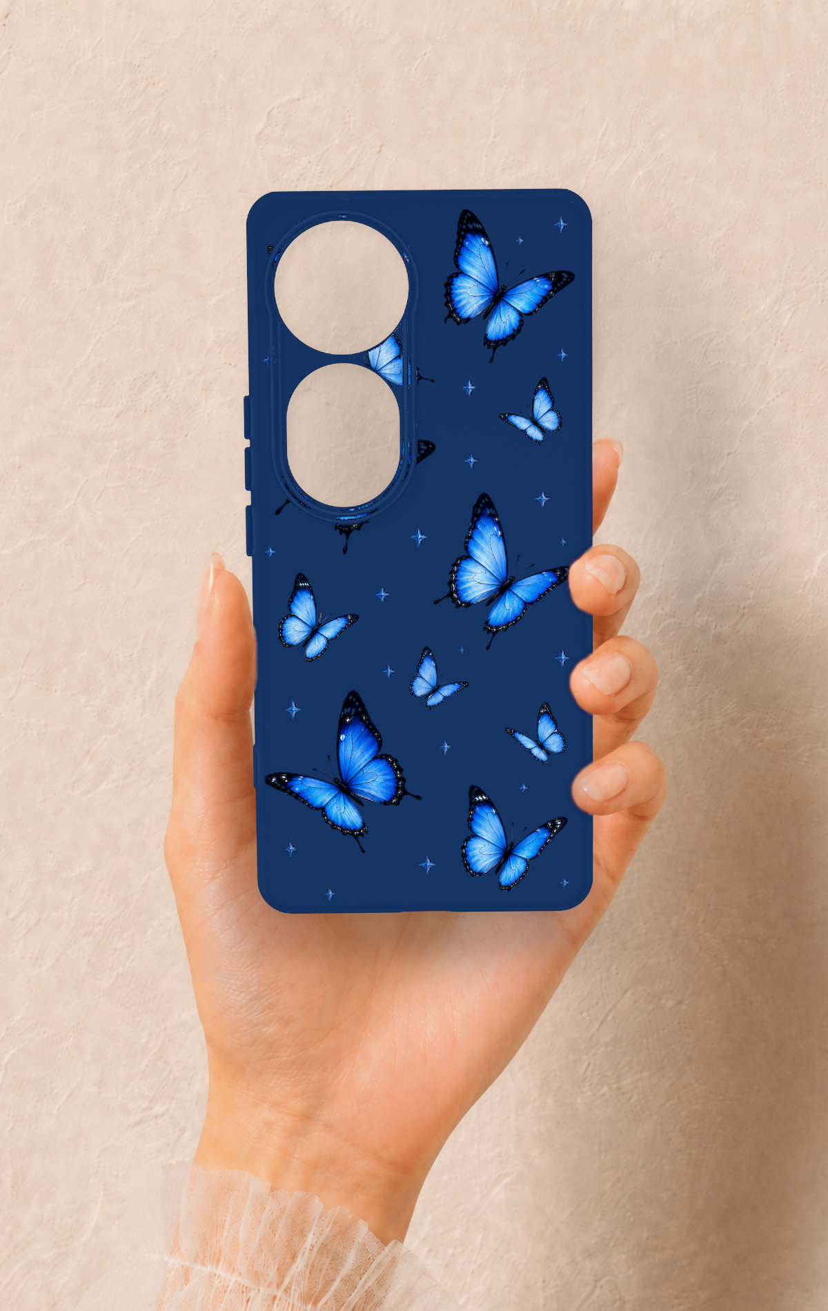 Vivo V40 Uyumlu Parlak Mavi Kelebek Desenli Silikon Kılıf