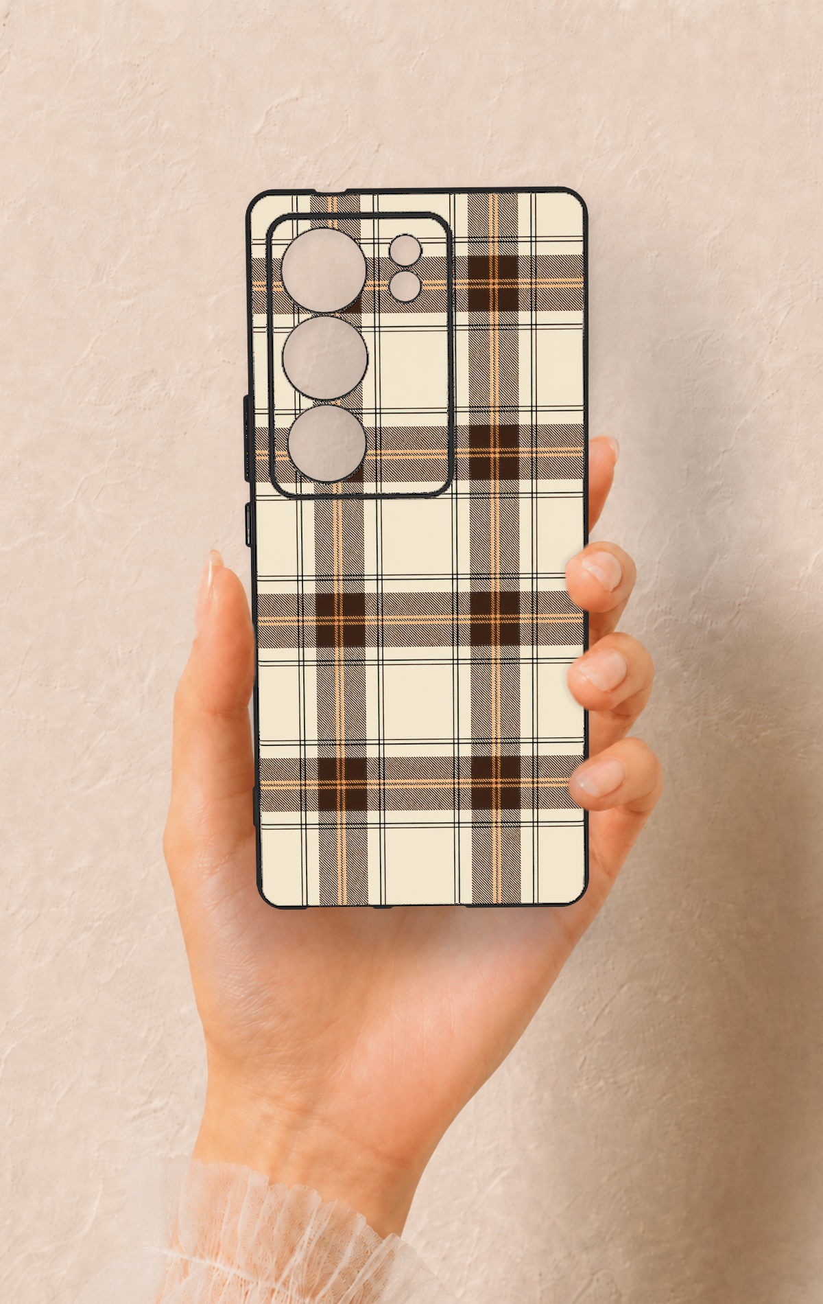 Vivo V29 Uyumlu Bej Kahverengi Ekose Desenli Silikon Kılıf
