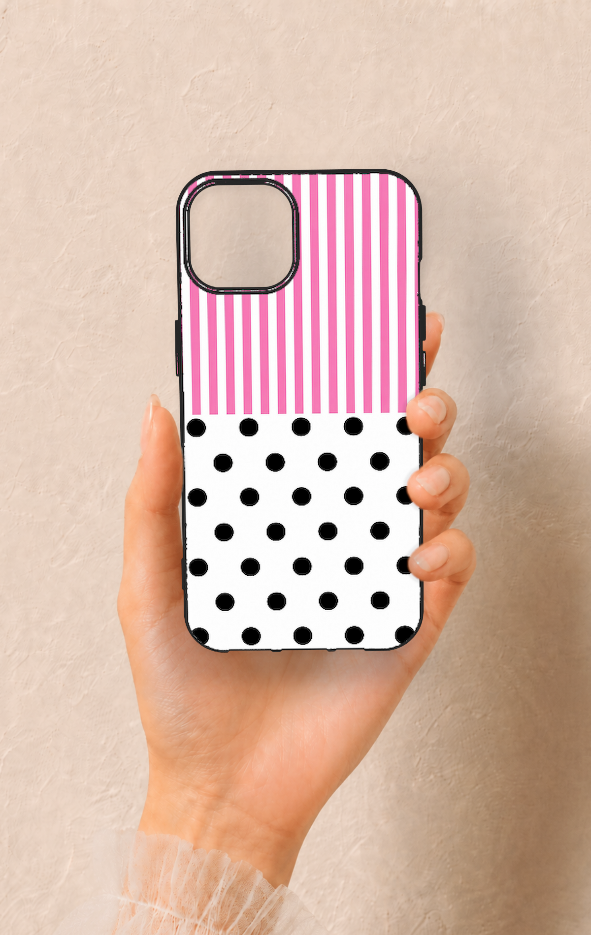 iPhone 14 Uyumlu Pembe Çizgili Puantiye Desenli Silikon Kılıf