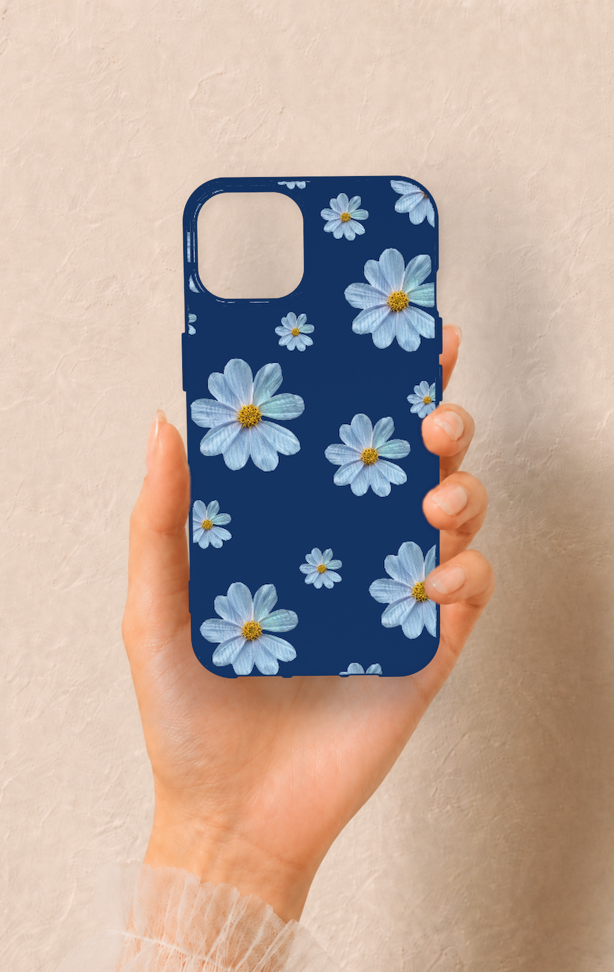 iPhone 14 Uyumlu Mavi Papatya Desenli Silikon Kılıf