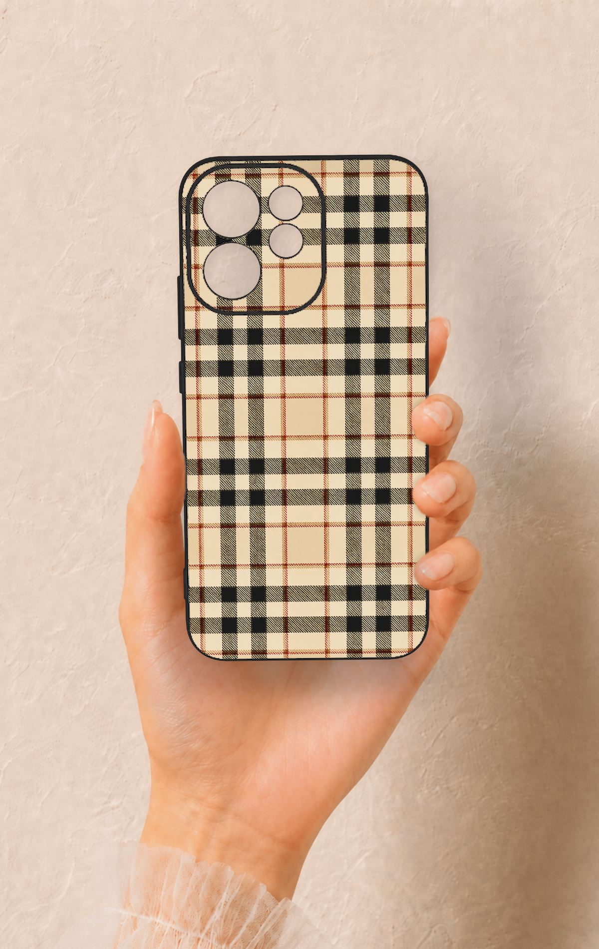 Oppo Reno 15F Uyumlu Karamel Siyah Ekose Desenli Silikon Kılıf