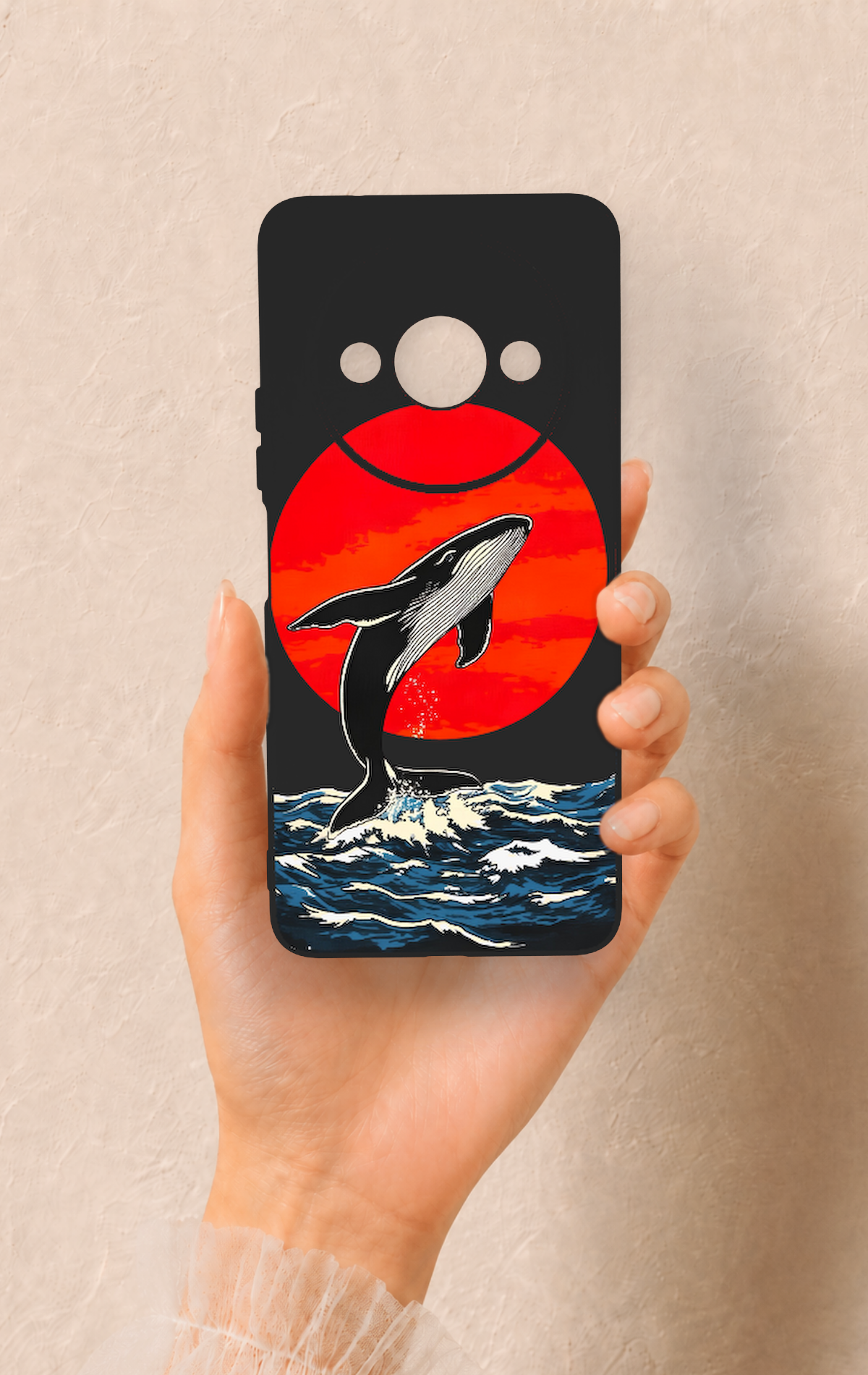 Redmi A3 Uyumlu Kırmızı Güneş Balina Desenli Silikon Kılıf