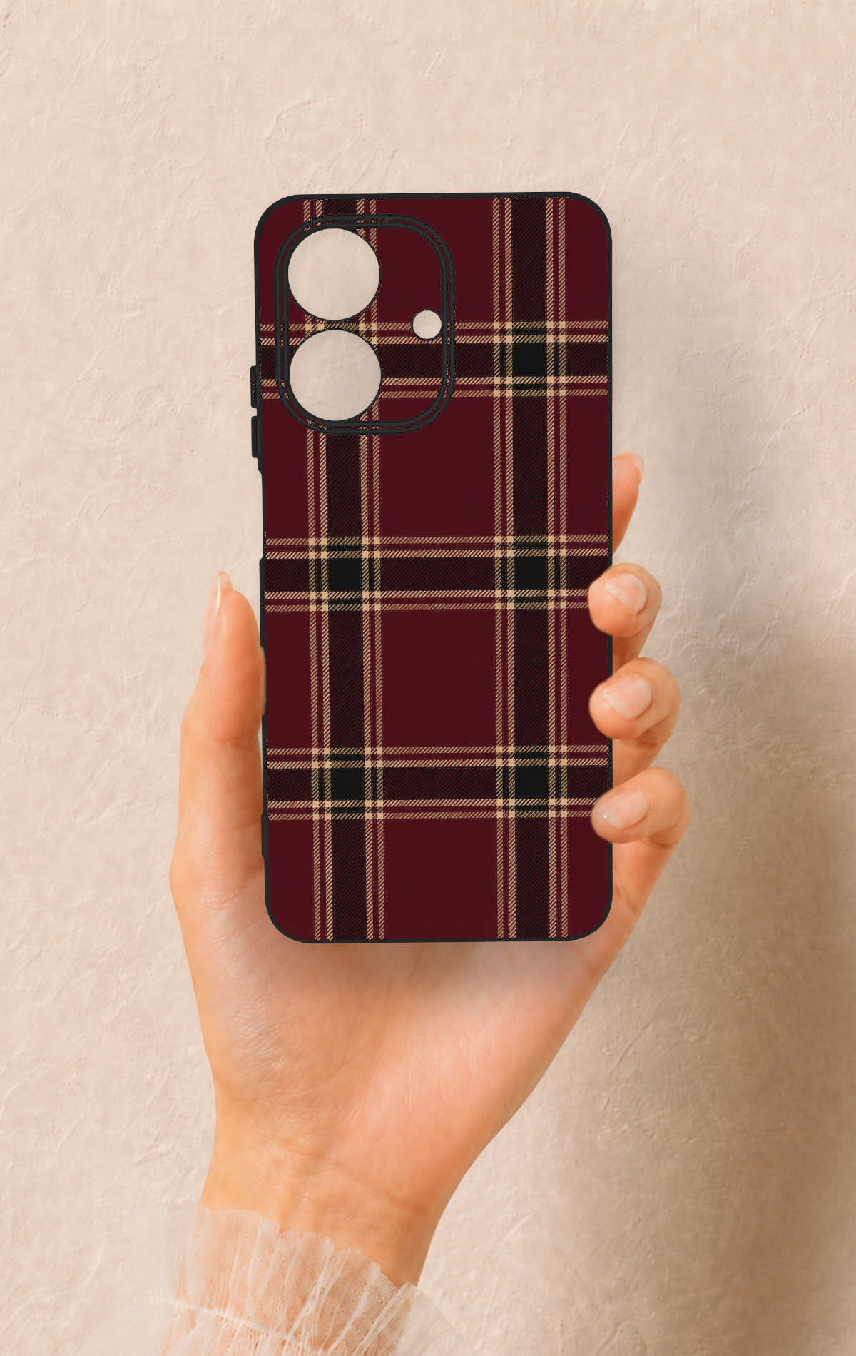 Realme Note 60 Uyumlu Bordo Siyah Ekose Desenli Silikon Kılıf