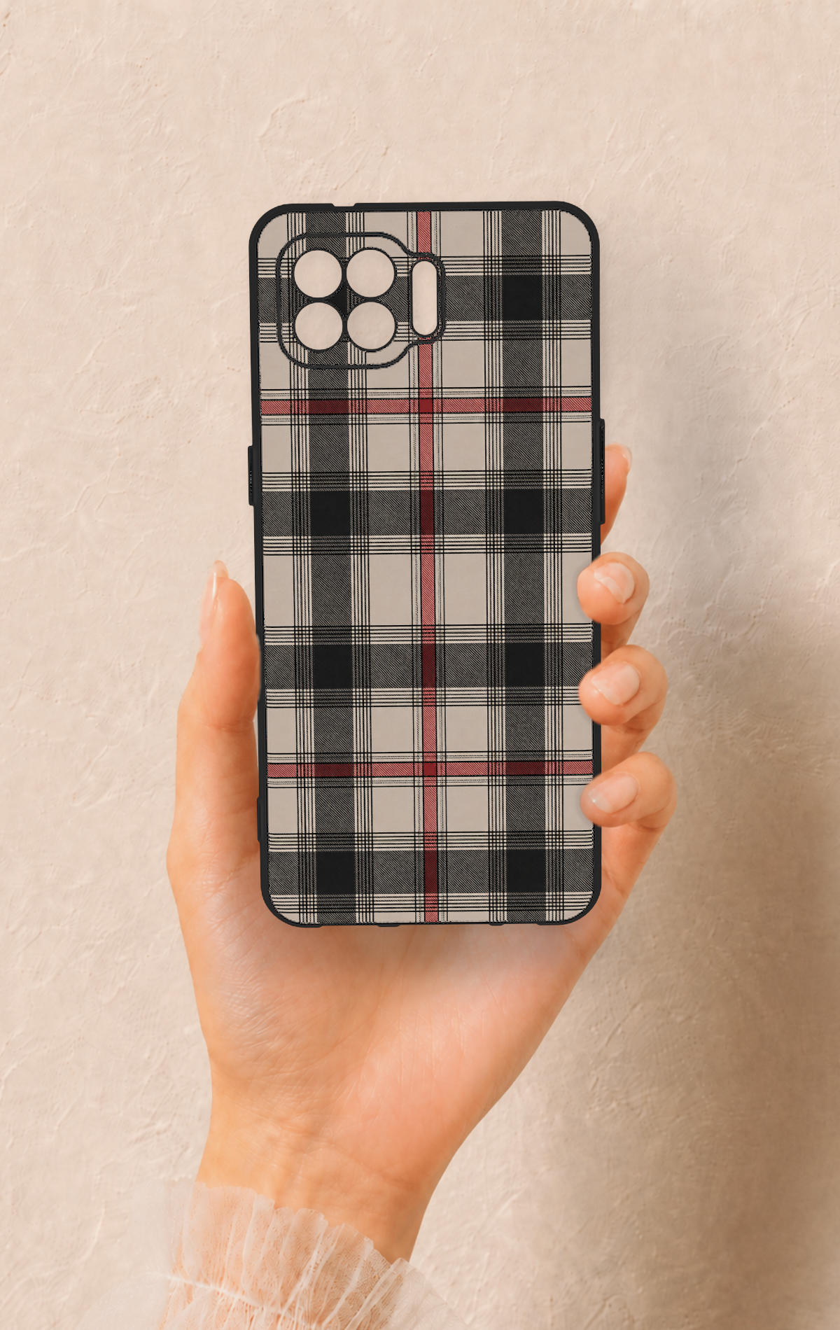Oppo Reno 4 Lite Uyumlu Siyah Kırmızı Ekose Desenli Silikon Kılıf