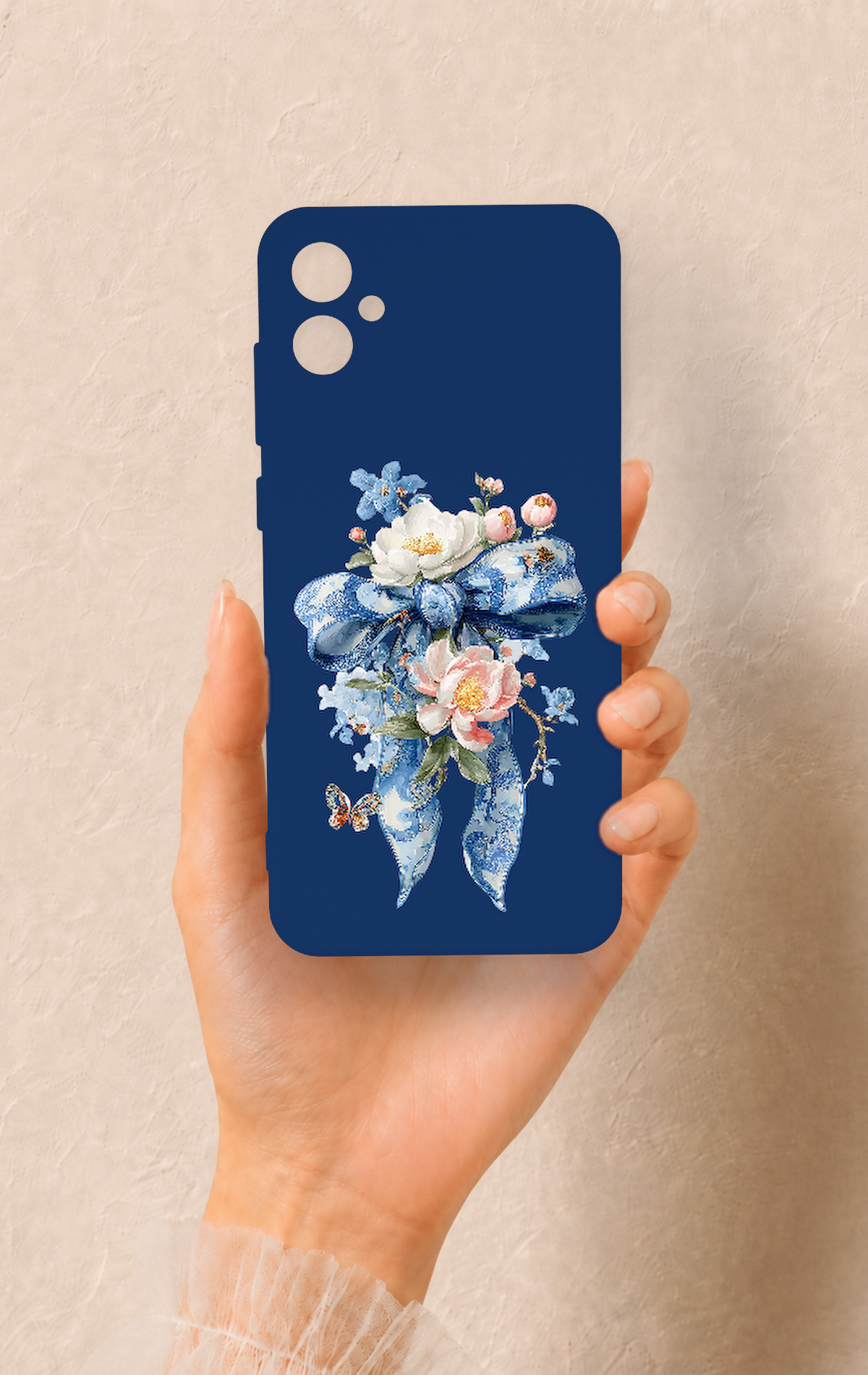 Samsung A05 Uyumlu Mavi Kurdeleli Çiçek Desenli Silikon Kılıf