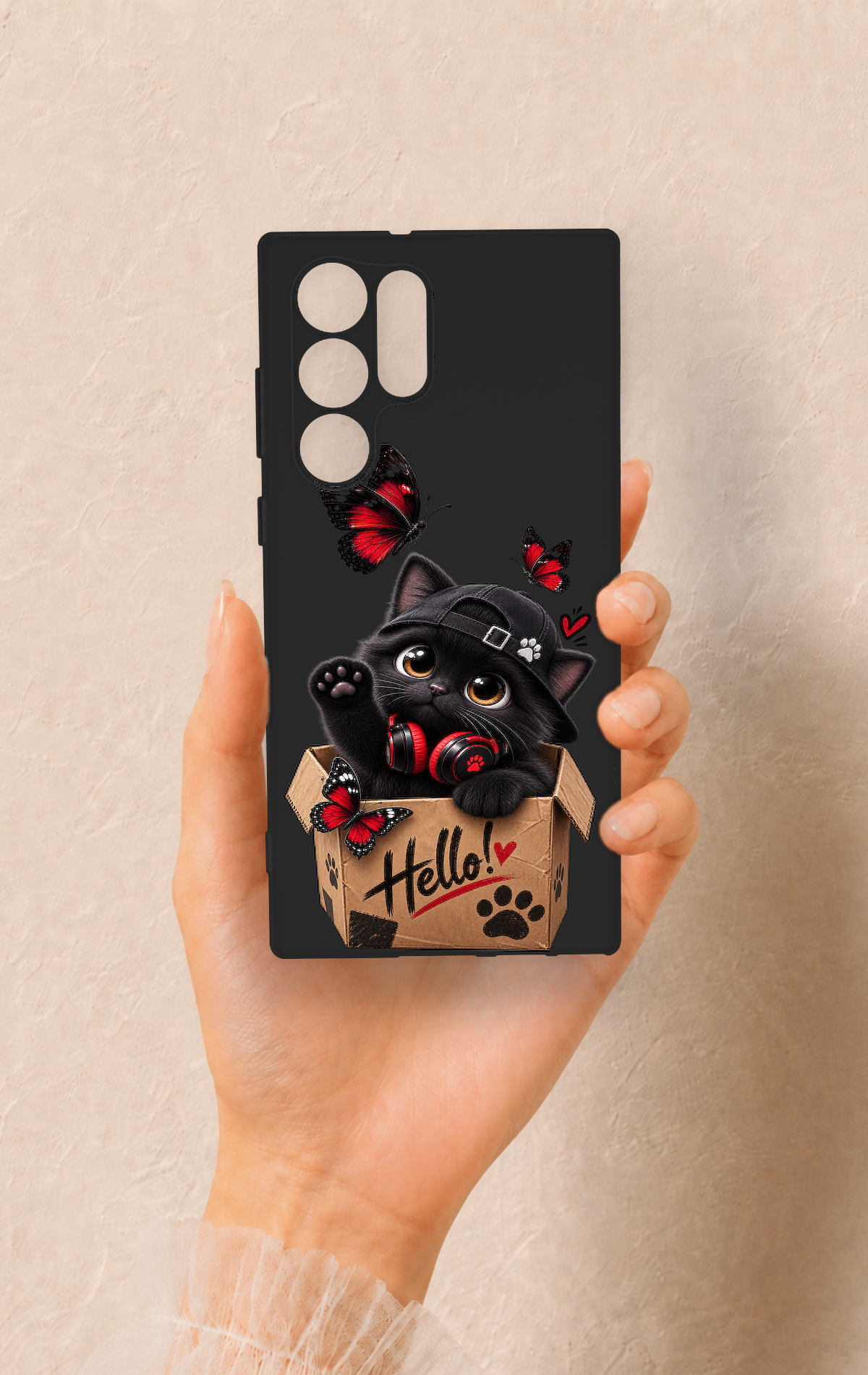 Samsung S22 Ultra Uyumlu Hello Cat Desenli Silikon Kılıf