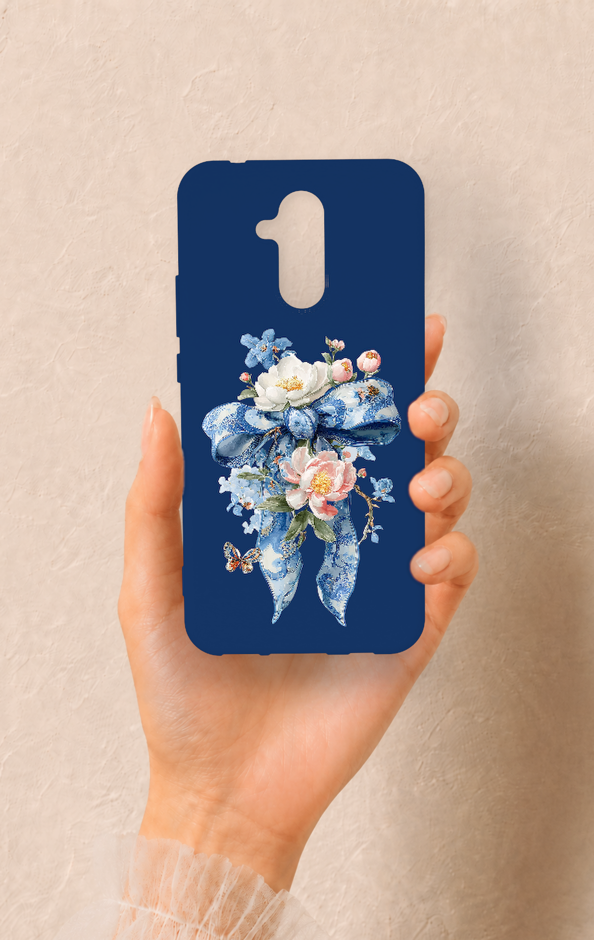 Huawei Mate 20 Lite Uyumlu Mavi Kurdeleli Çiçek Desenli Silikon Kılıf