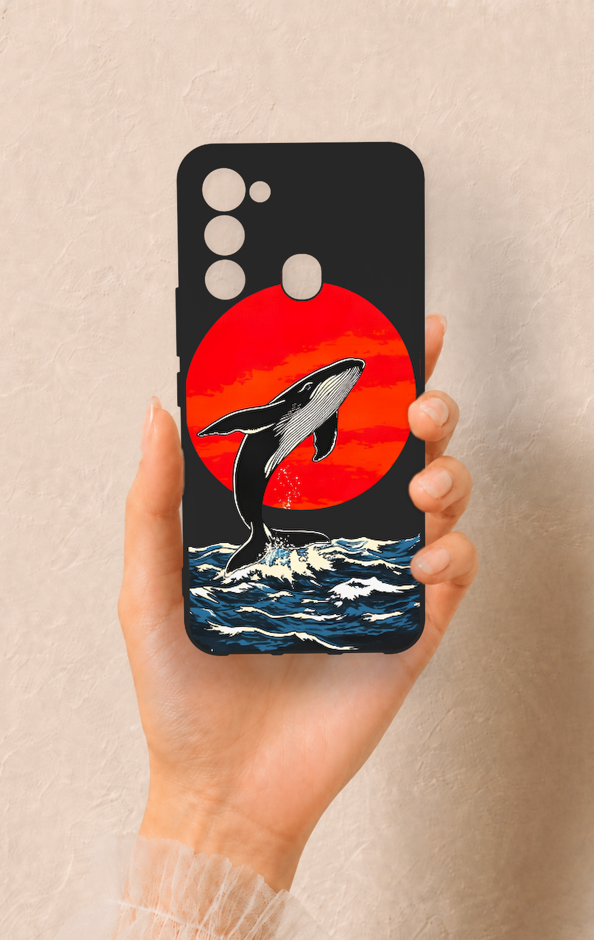 Tecno Spark 8C Uyumlu Kırmızı Güneş Balina Desenli Silikon Kılıf