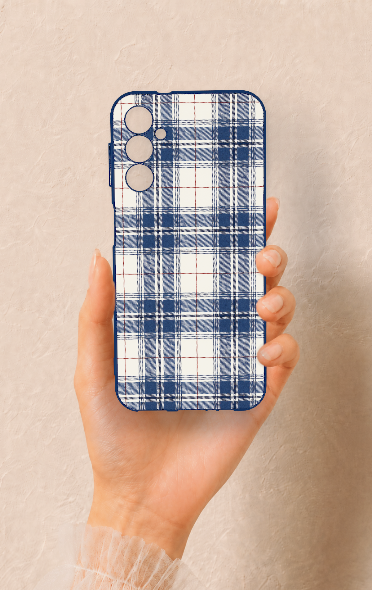 Samsung A14 Uyumlu Bej Lacivert Ekose Desenli Silikon Kılıf