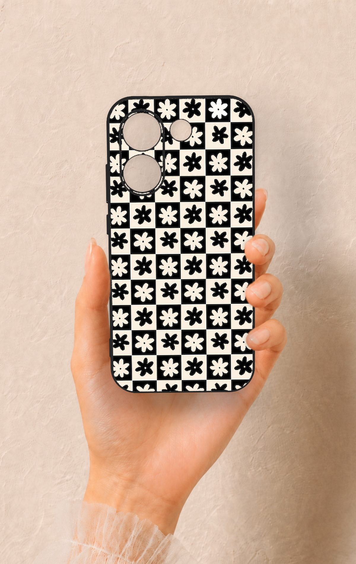 Poco X8 Pro Uyumlu Çiçek Motifli Dama Desenli Silikon Kılıf