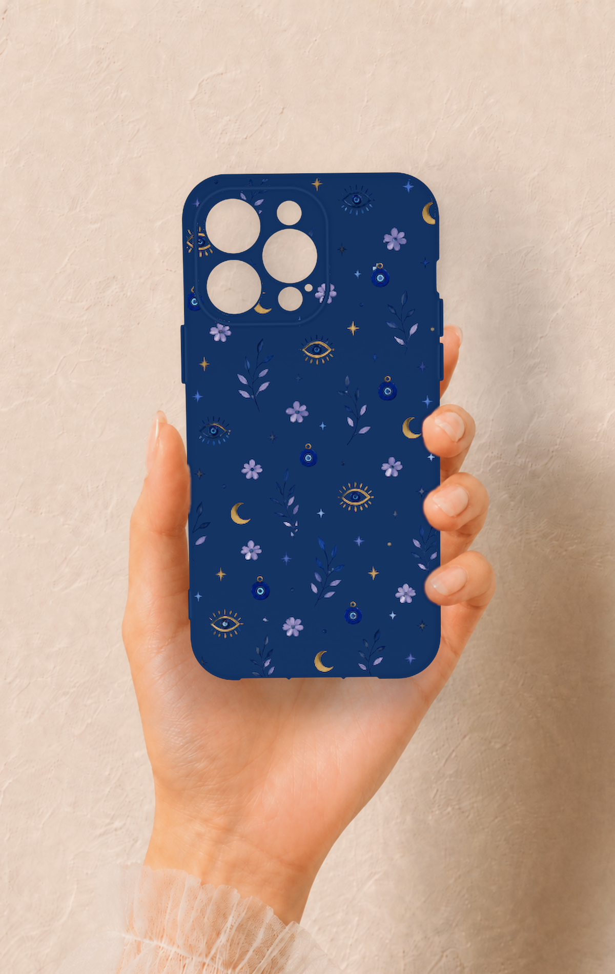 iPhone 13 Pro Max Uyumlu Mavi Nazar Papatya Desenli Silikon Kılıf