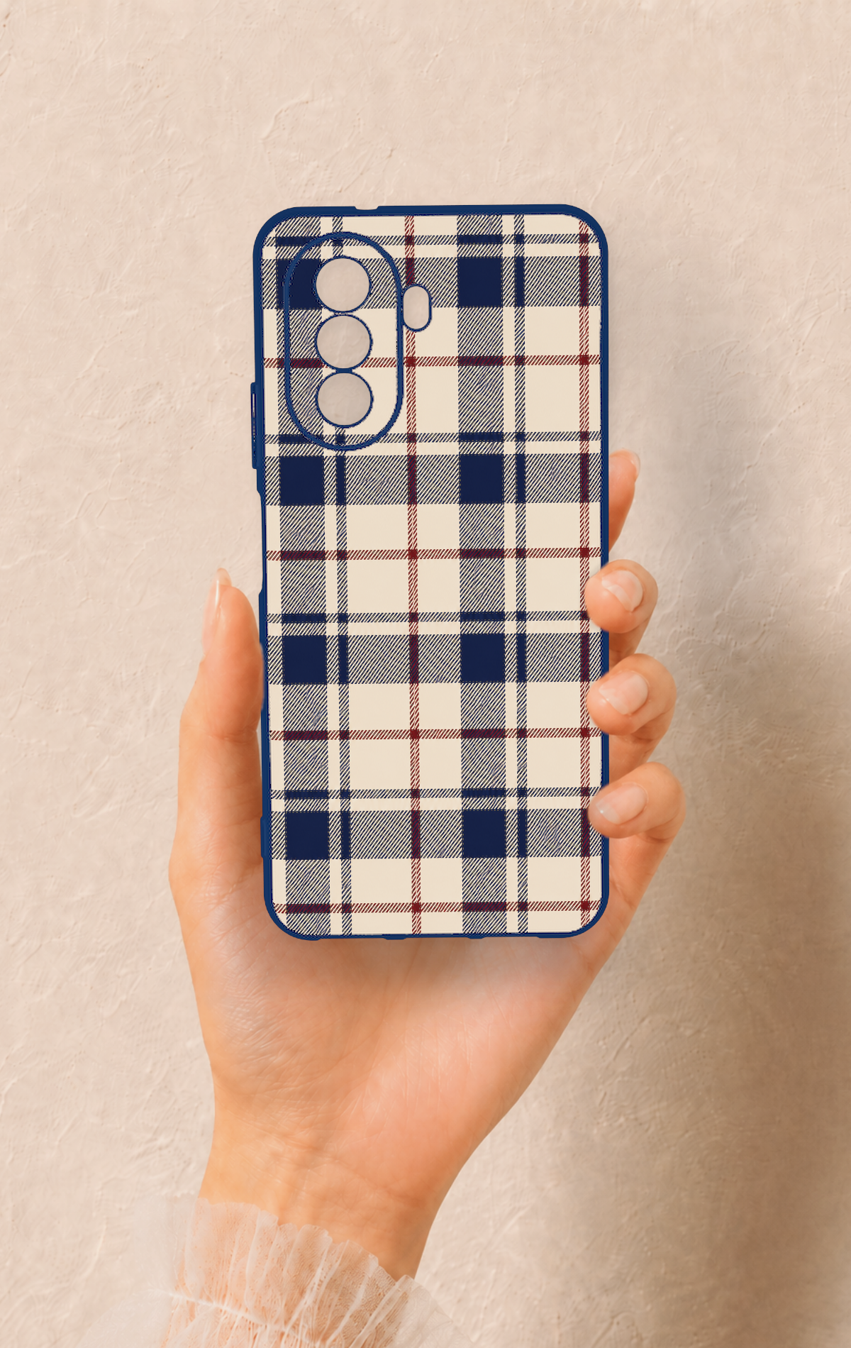Huawei Nova Y70 Uyumlu Mavi Bordo Çizgili Ekose Desenli Silikon Kılıf