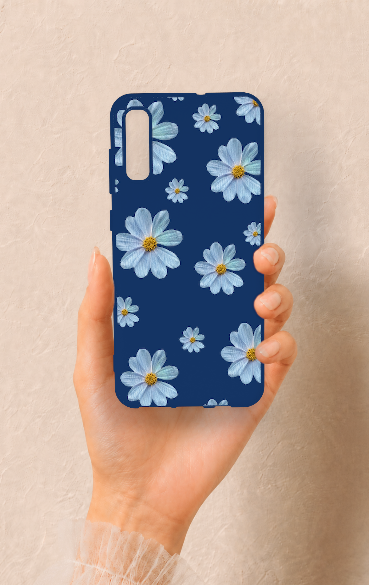 Samsung A70 Uyumlu Mavi Papatya Desenli Silikon Kılıf