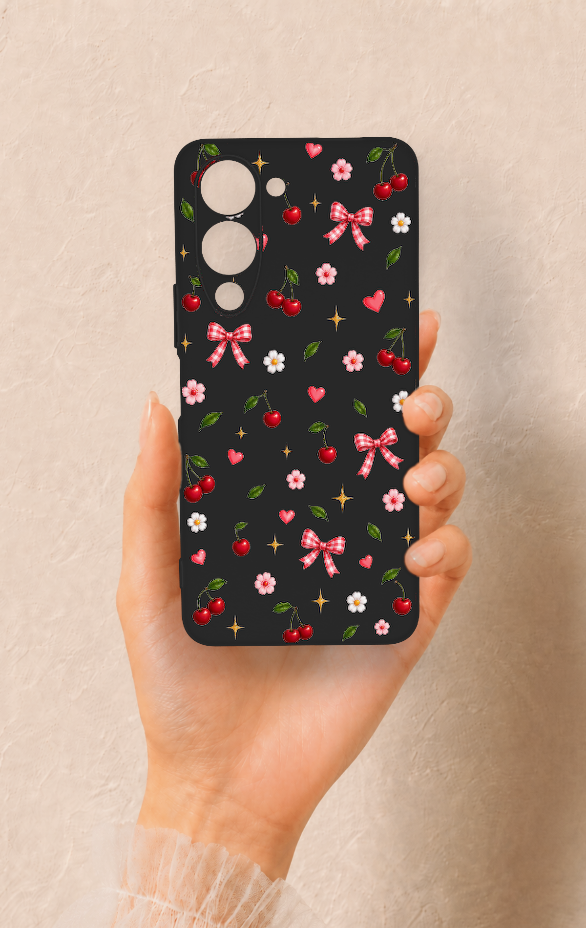Vivo Y19 5G Uyumlu Papatya Kiraz Fiyonk Desenli Silikon Kılıf