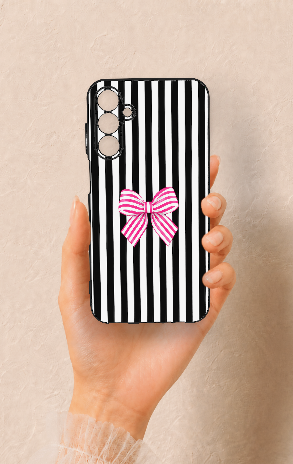 Samsung A15 Uyumlu Pembe Beyaz Kurdele Desenli Silikon Kılıf