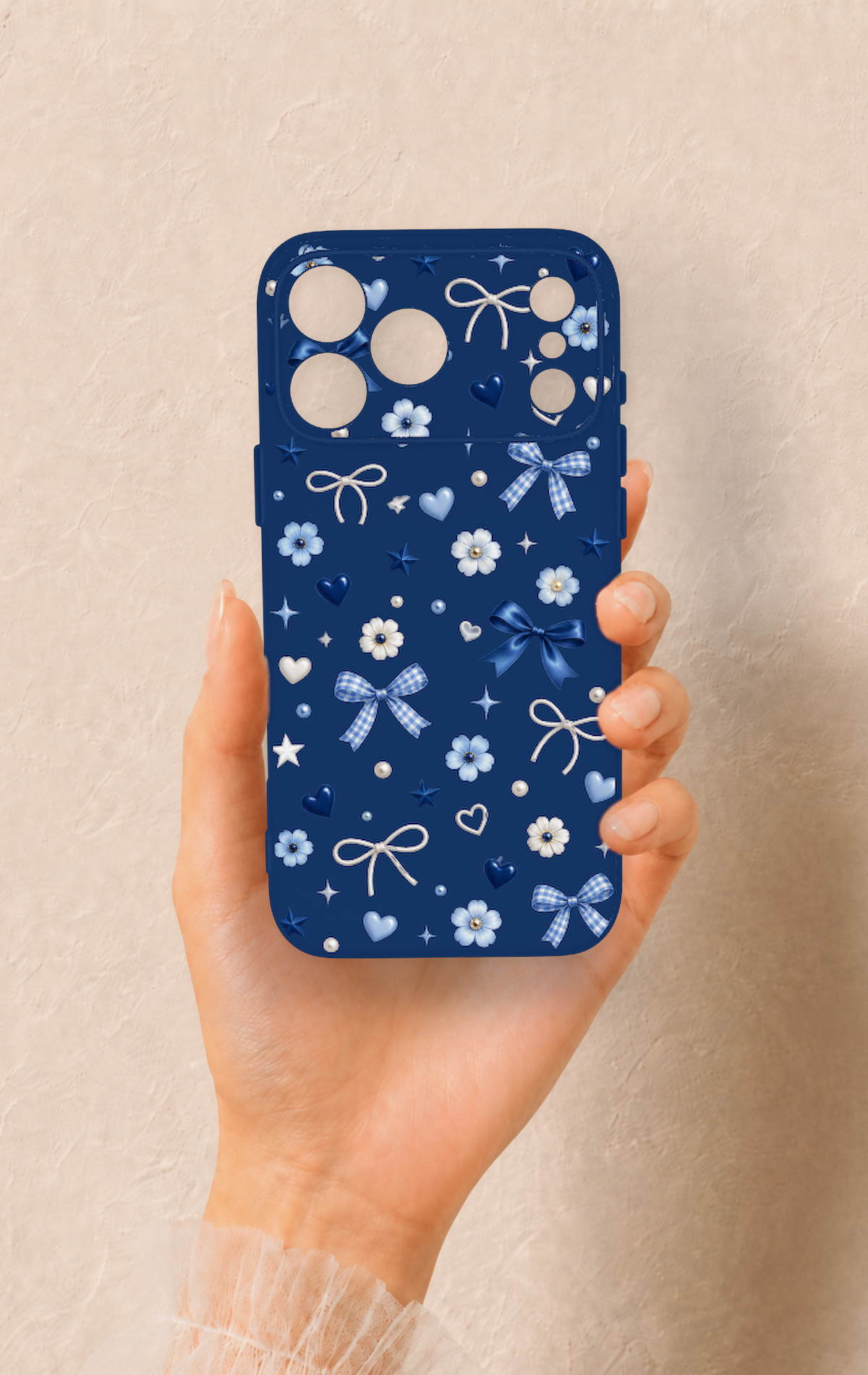 iPhone 17 Pro Max Uyumlu Mavi Papatya Fiyonk Desenli Silikon Kılıf