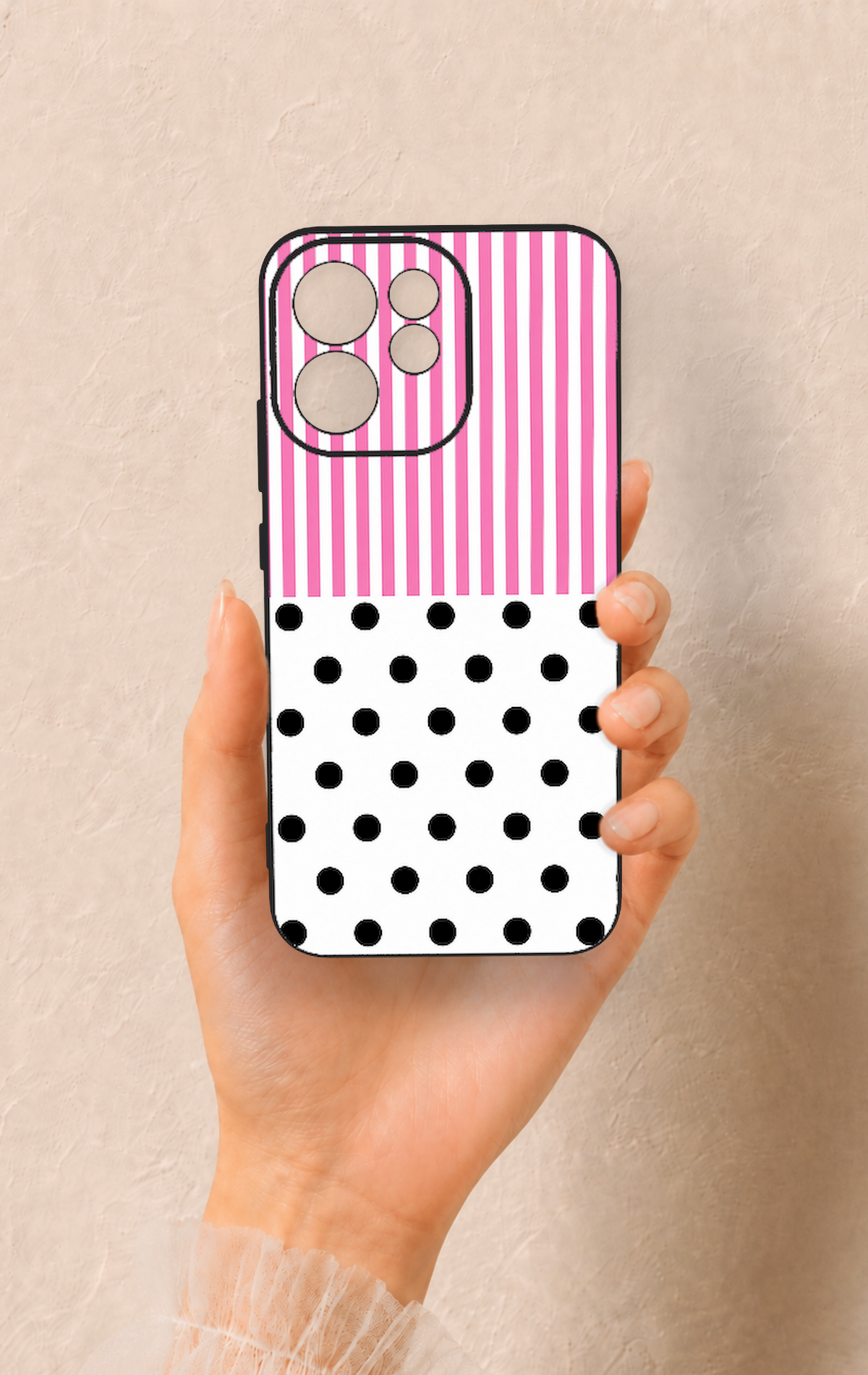 Oppo Reno 15F Uyumlu Pembe Çizgili Puantiye Desenli Silikon Kılıf