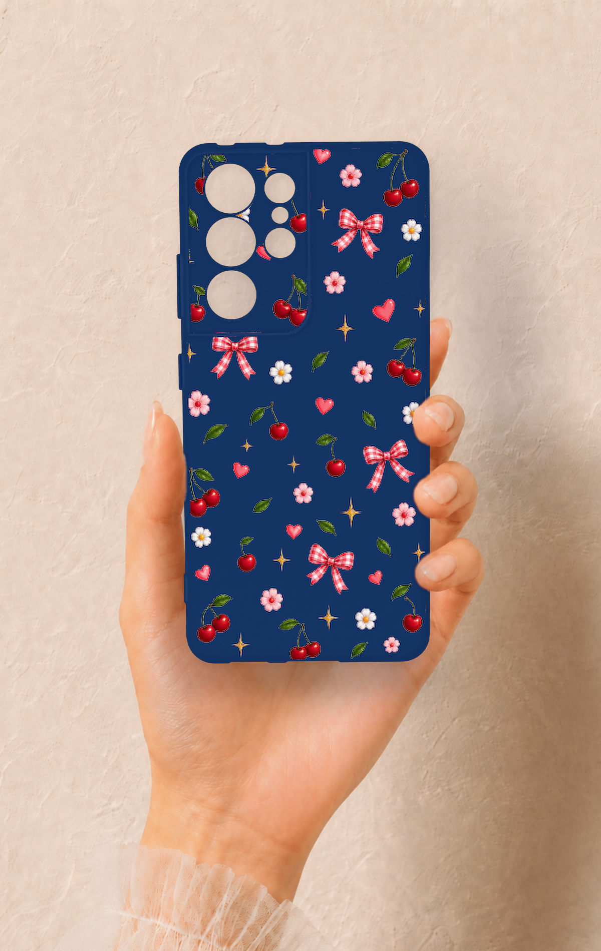 Samsung S21 Ultra Uyumlu Çiçek Kiraz Fiyonk Desenli Silikon Kılıf