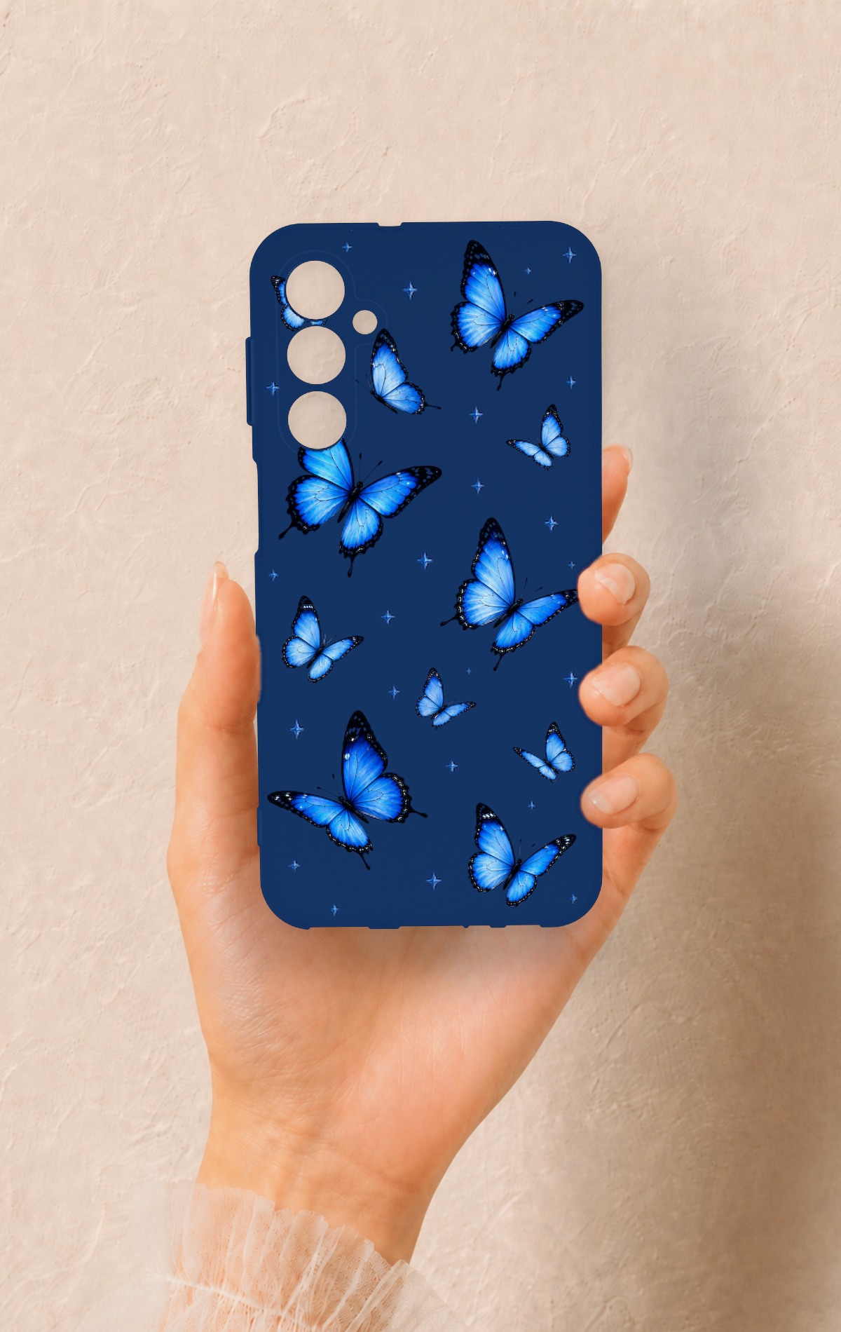 Samsung M34 Uyumlu Parlak Mavi Kelebek Desenli Silikon Kılıf