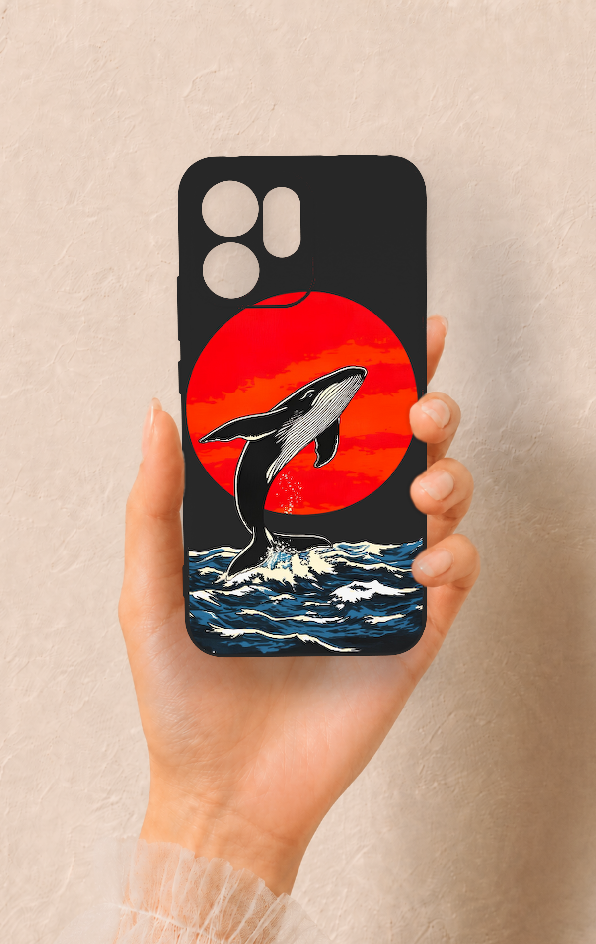 Oppo Reno 14F Uyumlu Kırmızı Güneş Balina Desenli Silikon Kılıf