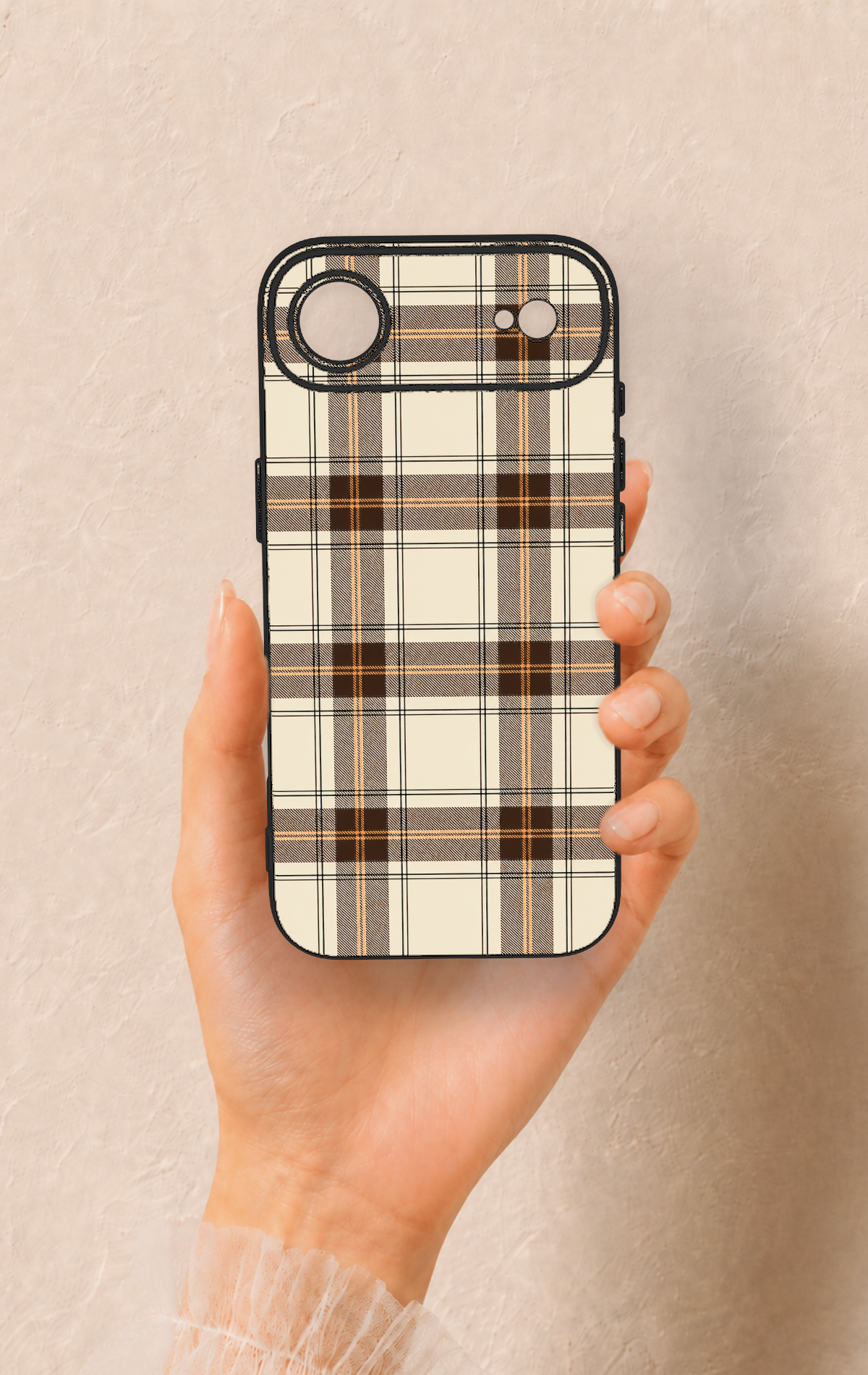 iPhone 17 Air Uyumlu Bej Kahverengi Ekose Desenli Silikon Kılıf