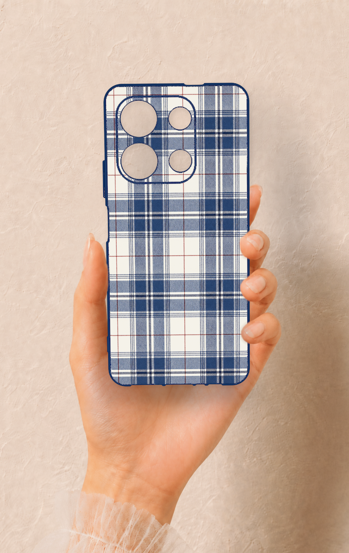 İnfinix Note 30 Uyumlu Bej Lacivert Ekose Desenli Silikon Kılıf