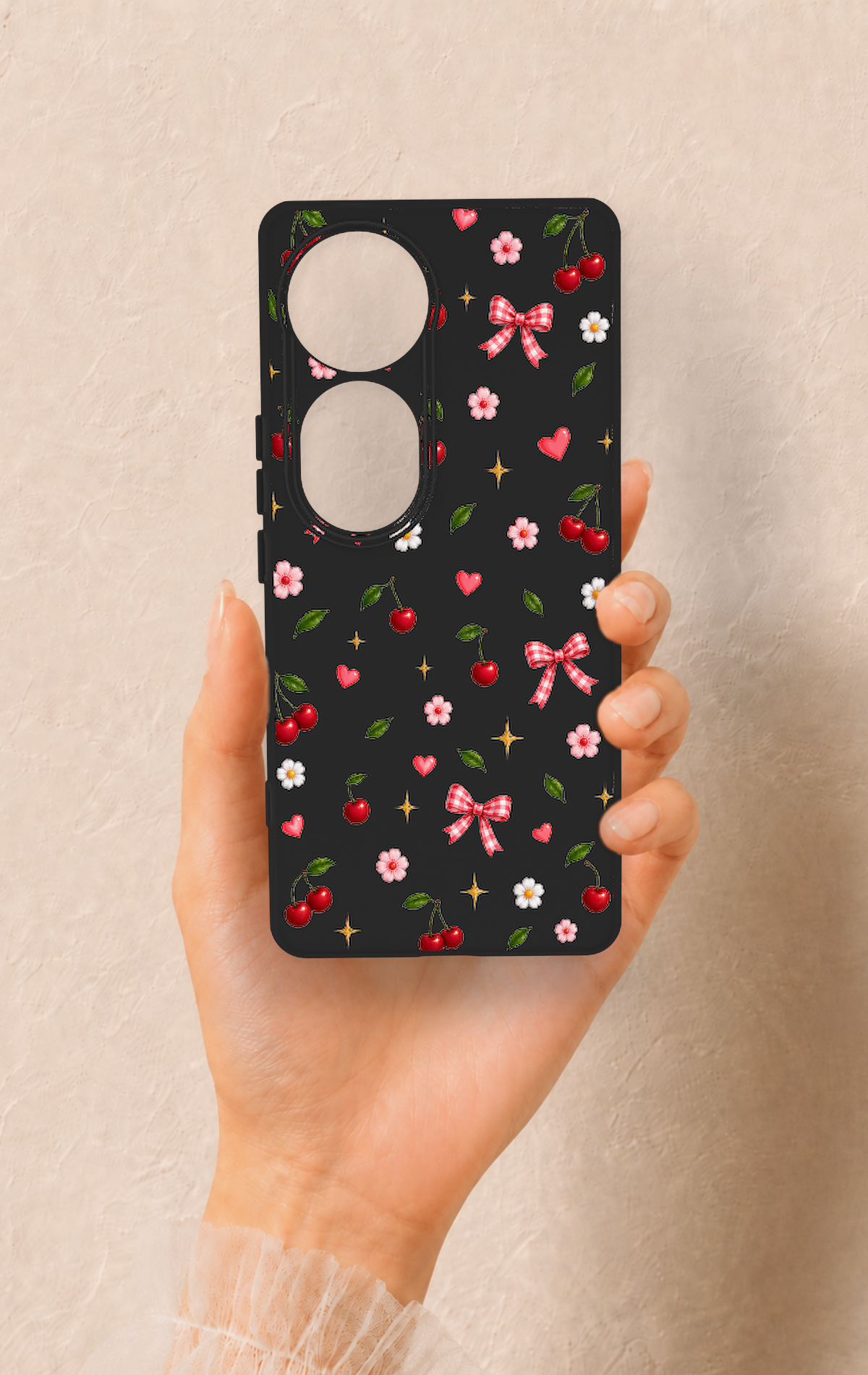 Vivo V40 Uyumlu Papatya Kiraz Fiyonk Desenli Silikon Kılıf