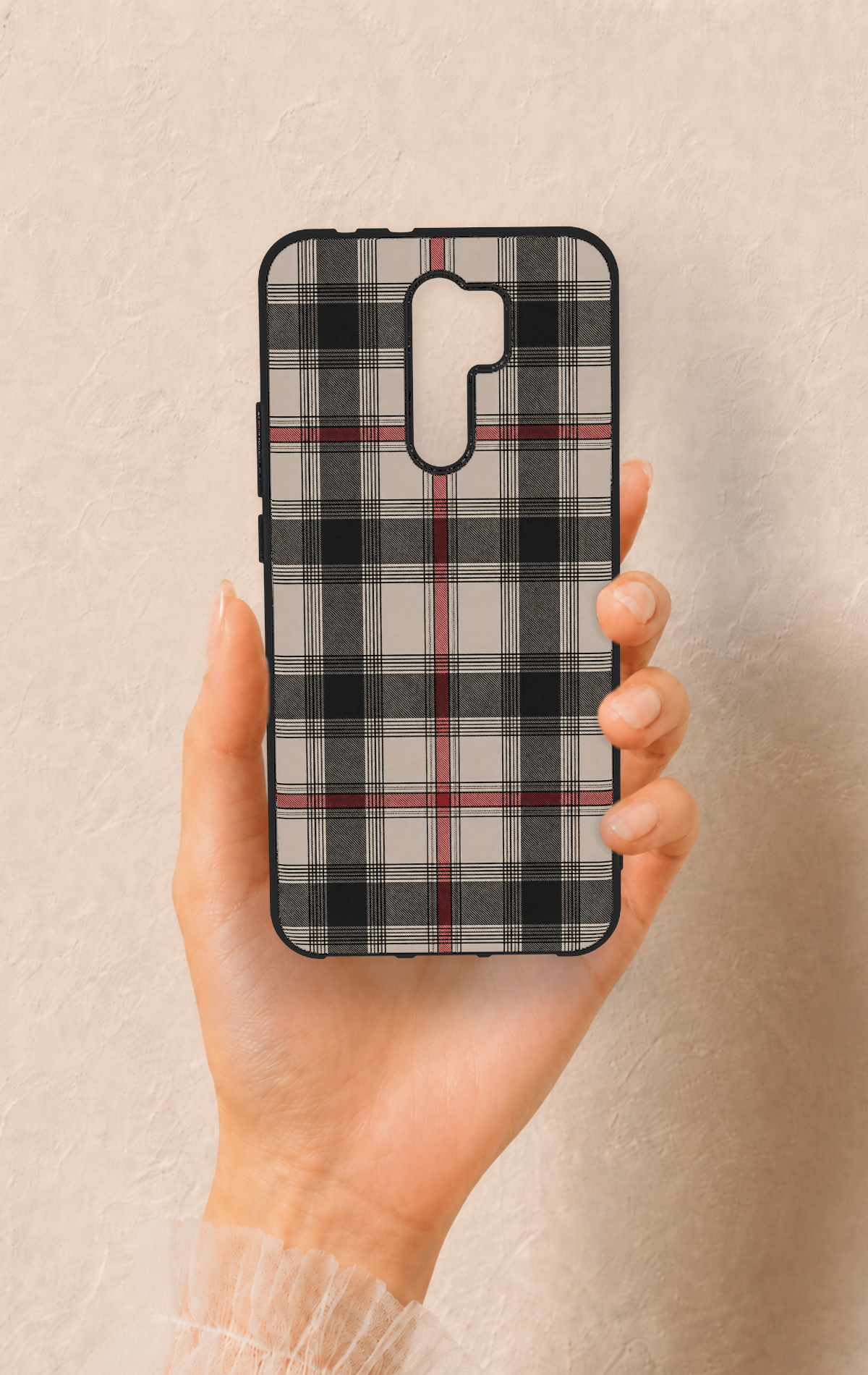 Redmi 9 Uyumlu Siyah Kırmızı Ekose Desenli Silikon Kılıf