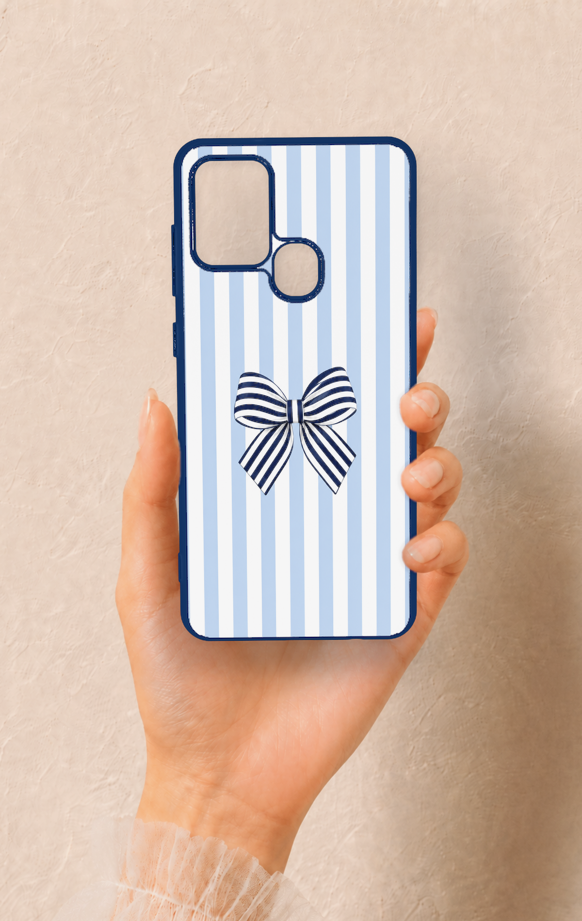 Samsung A21S Uyumlu Mavi Beyaz Kurdele Desenli Silikon Kılıf