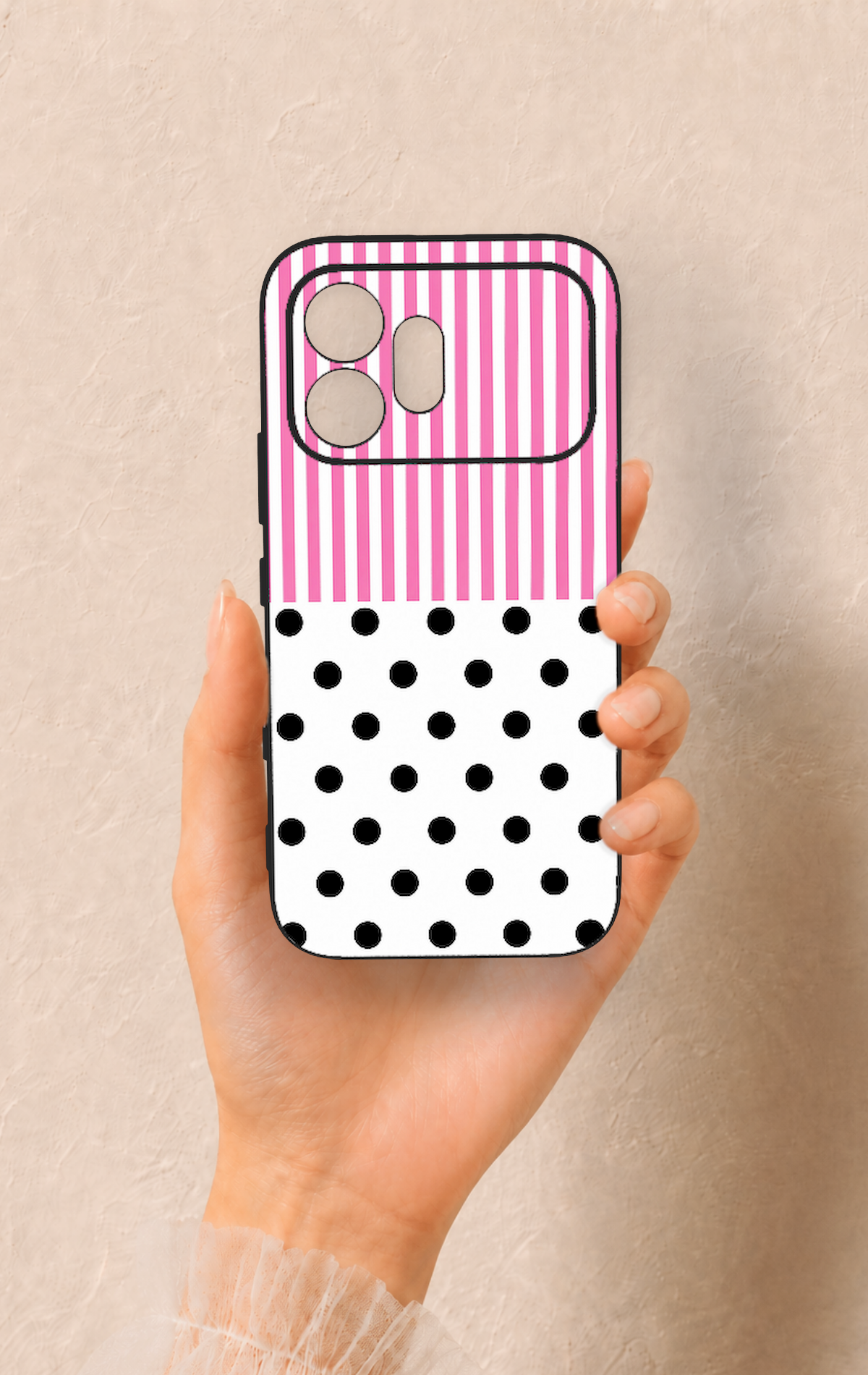 Honor 600 Uyumlu Pembe Çizgili Puantiye Desenli Silikon Kılıf