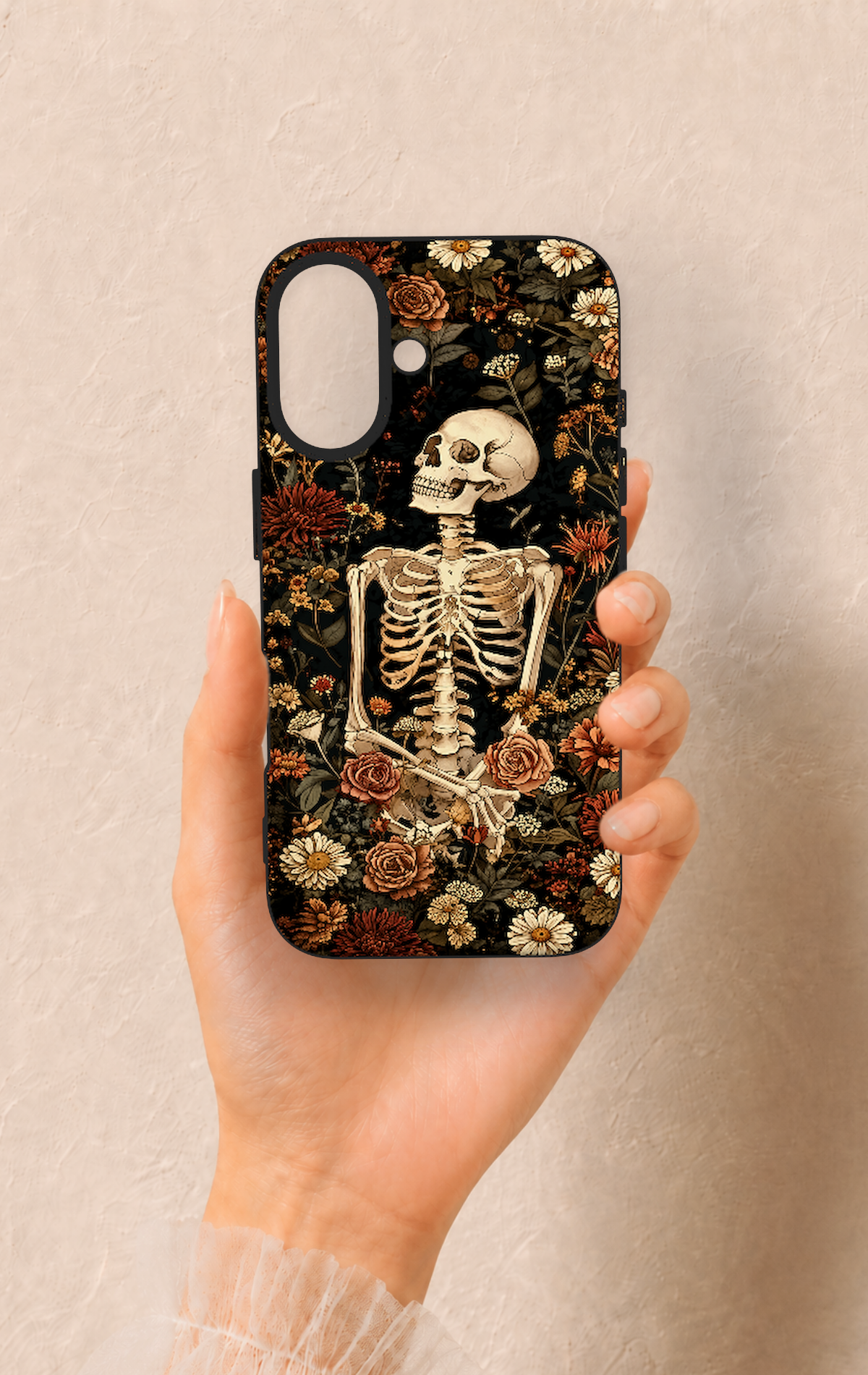 iPhone 16 Uyumlu Çiçek İskelet Desenli Silikon Kılıf