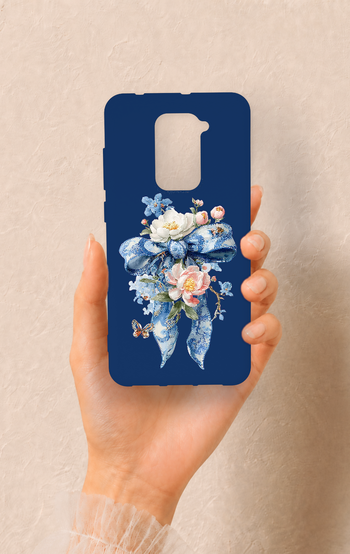 Redmi Note 9 Uyumlu Mavi Kurdeleli Çiçek Desenli Silikon Kılıf