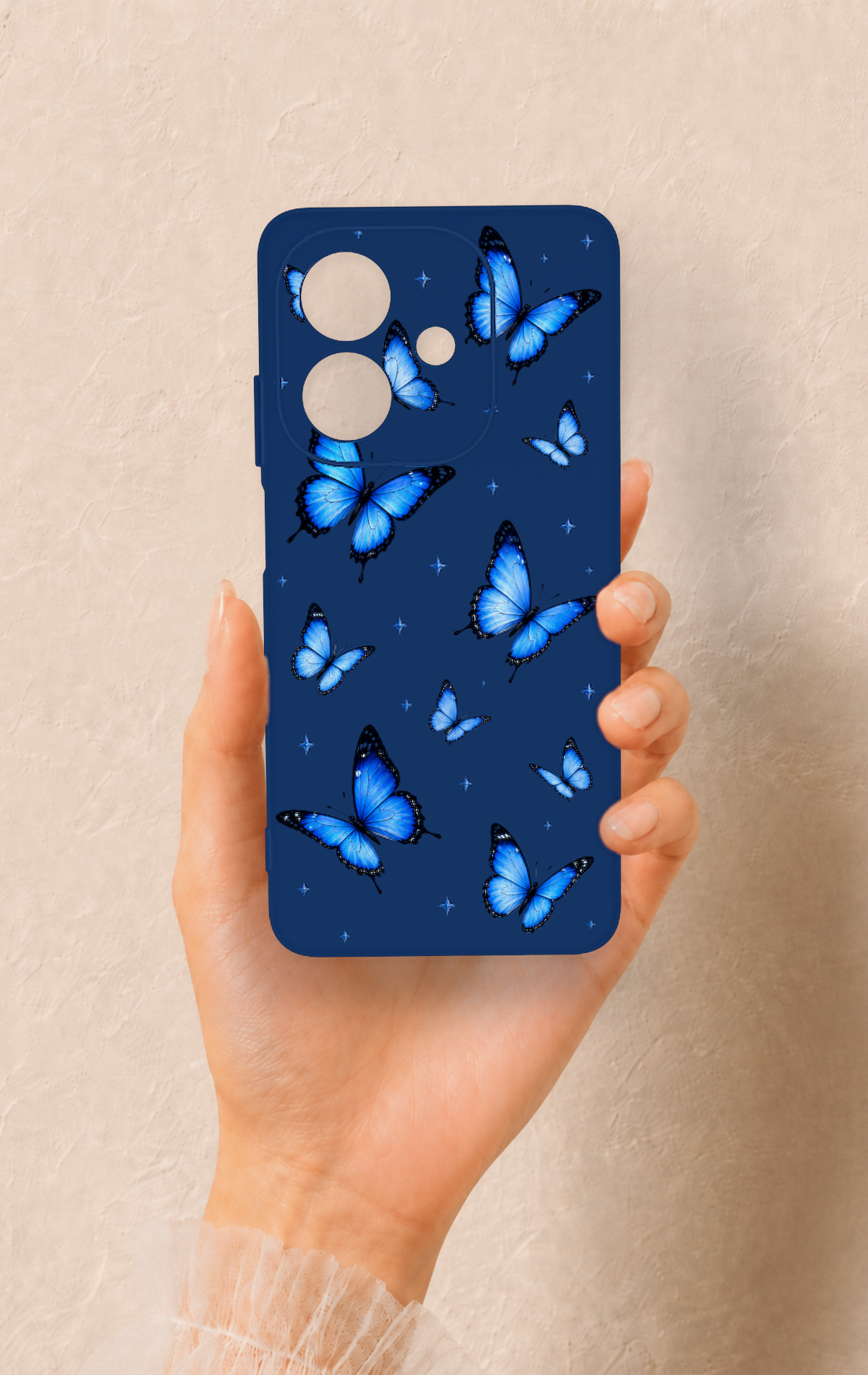 Oppo A3 Uyumlu Parlak Mavi Kelebek Desenli Silikon Kılıf