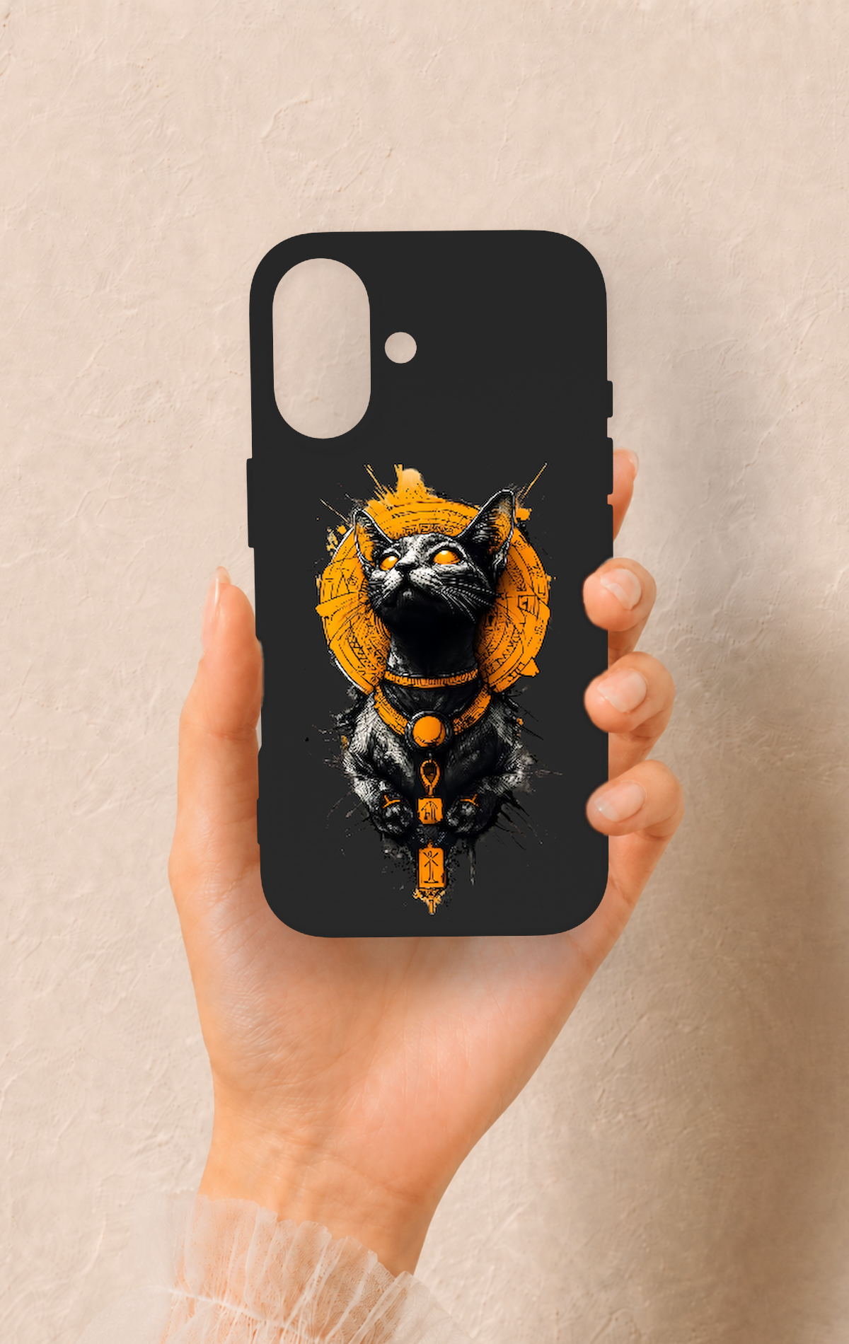 iPhone 16 Uyumlu Mısırlı Kedi Tanrısı Desenli Silikon Kılıf