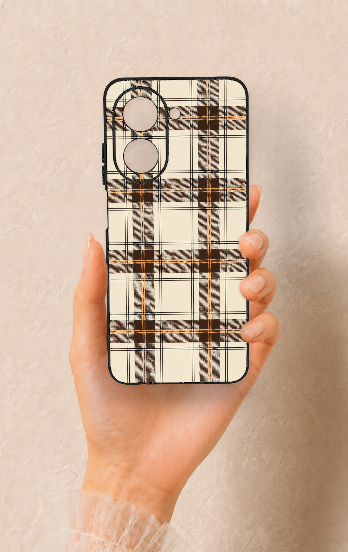 Redmi A5 Uyumlu Bej Kahverengi Ekose Desenli Silikon Kılıf