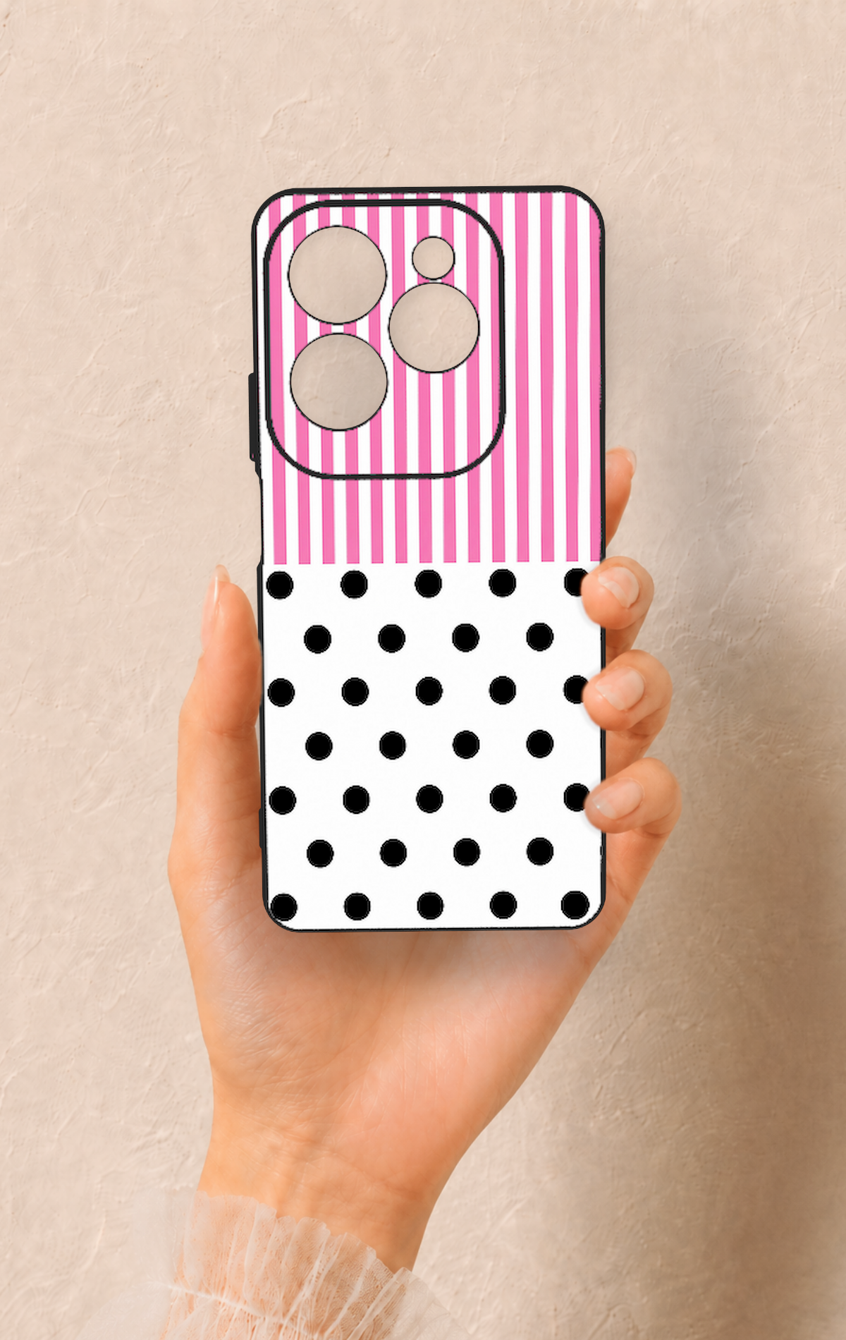 İnfinix Hot 40 Pro Uyumlu Pembe Çizgili Puantiye Desenli Silikon Kılıf