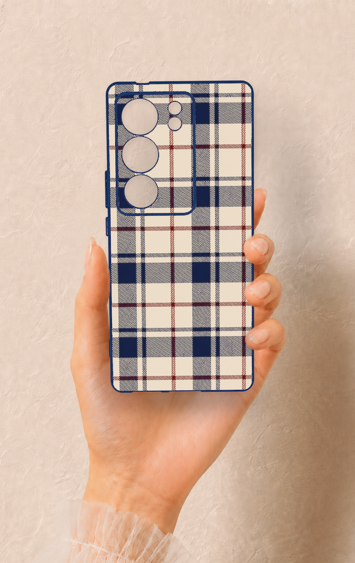 Vivo V29 Uyumlu Mavi Bordo Çizgili Ekose Desenli Silikon Kılıf