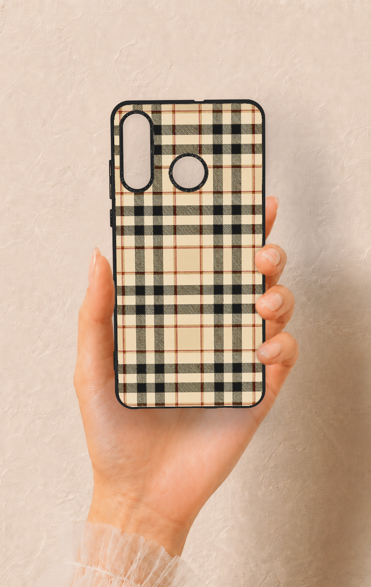 Huawei P30 Lite Uyumlu Karamel Siyah Ekose Desenli Silikon Kılıf