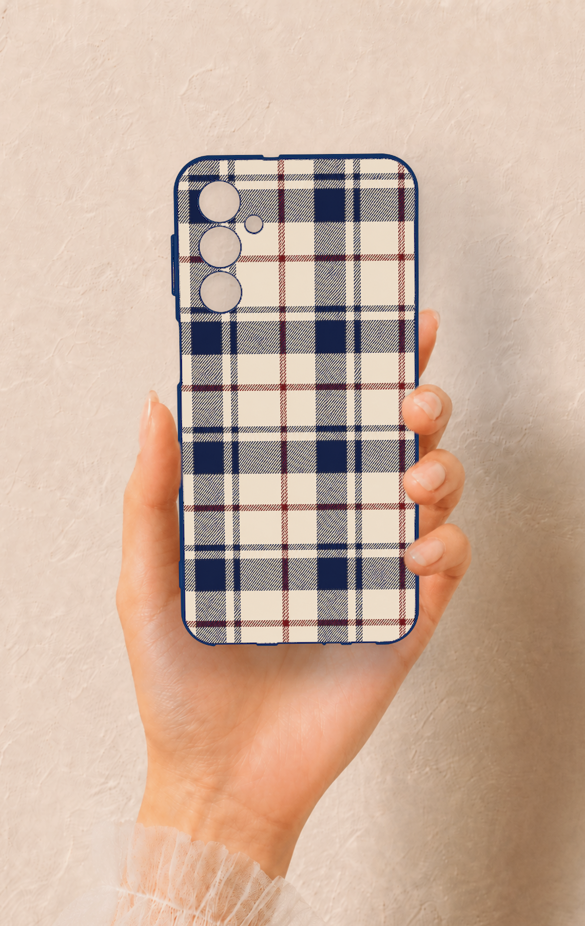 Samsung M34 Uyumlu Mavi Bordo Çizgili Ekose Desenli Silikon Kılıf