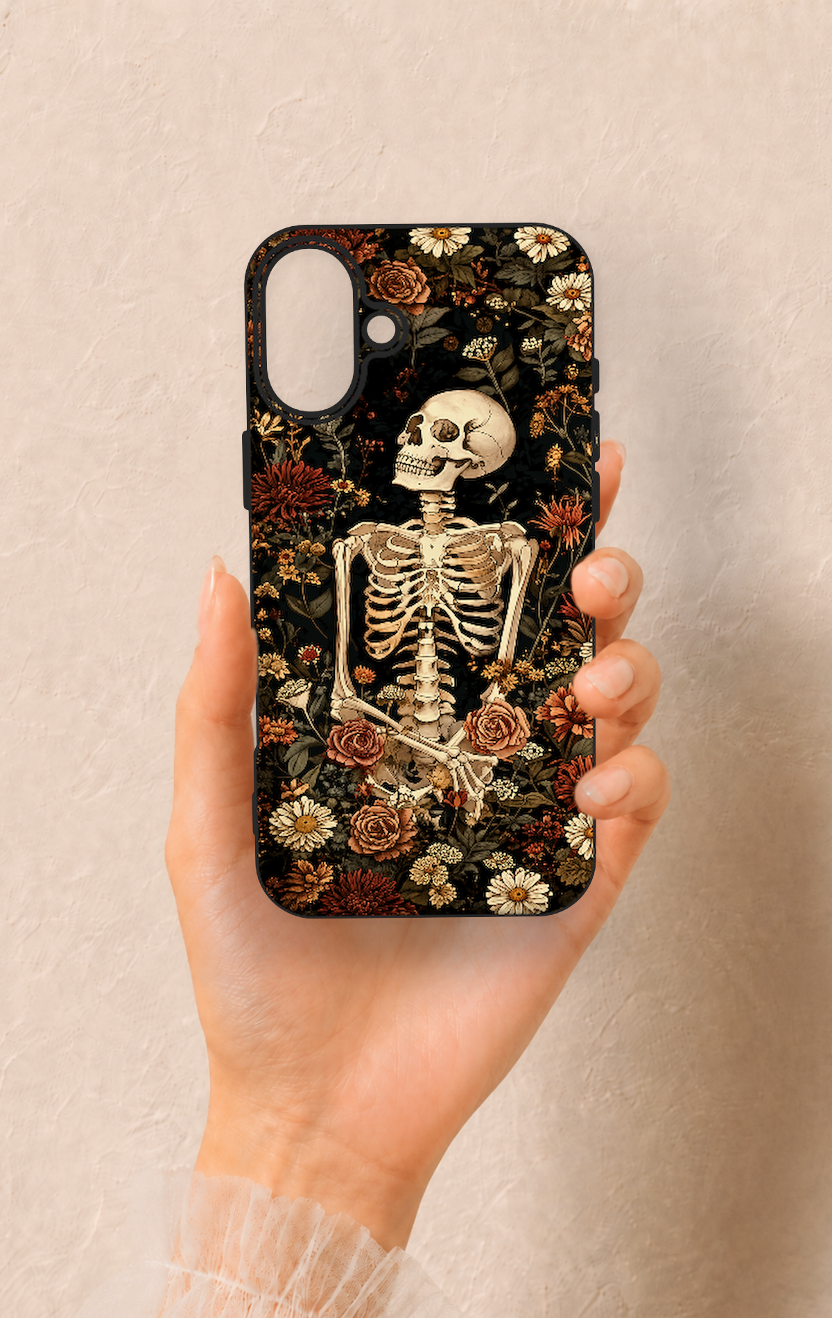iPhone 16 Plus Uyumlu Çiçek İskelet Desenli Silikon Kılıf