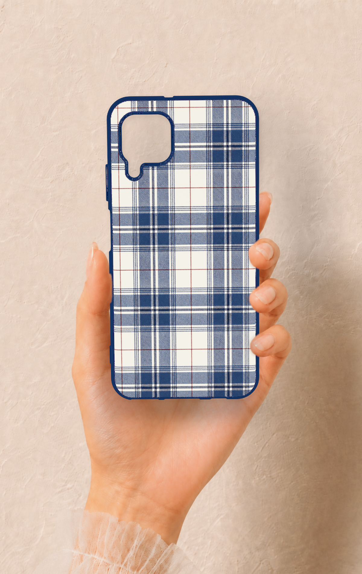 Huawei P40 Lite Uyumlu Bej Lacivert Ekose Desenli Silikon Kılıf