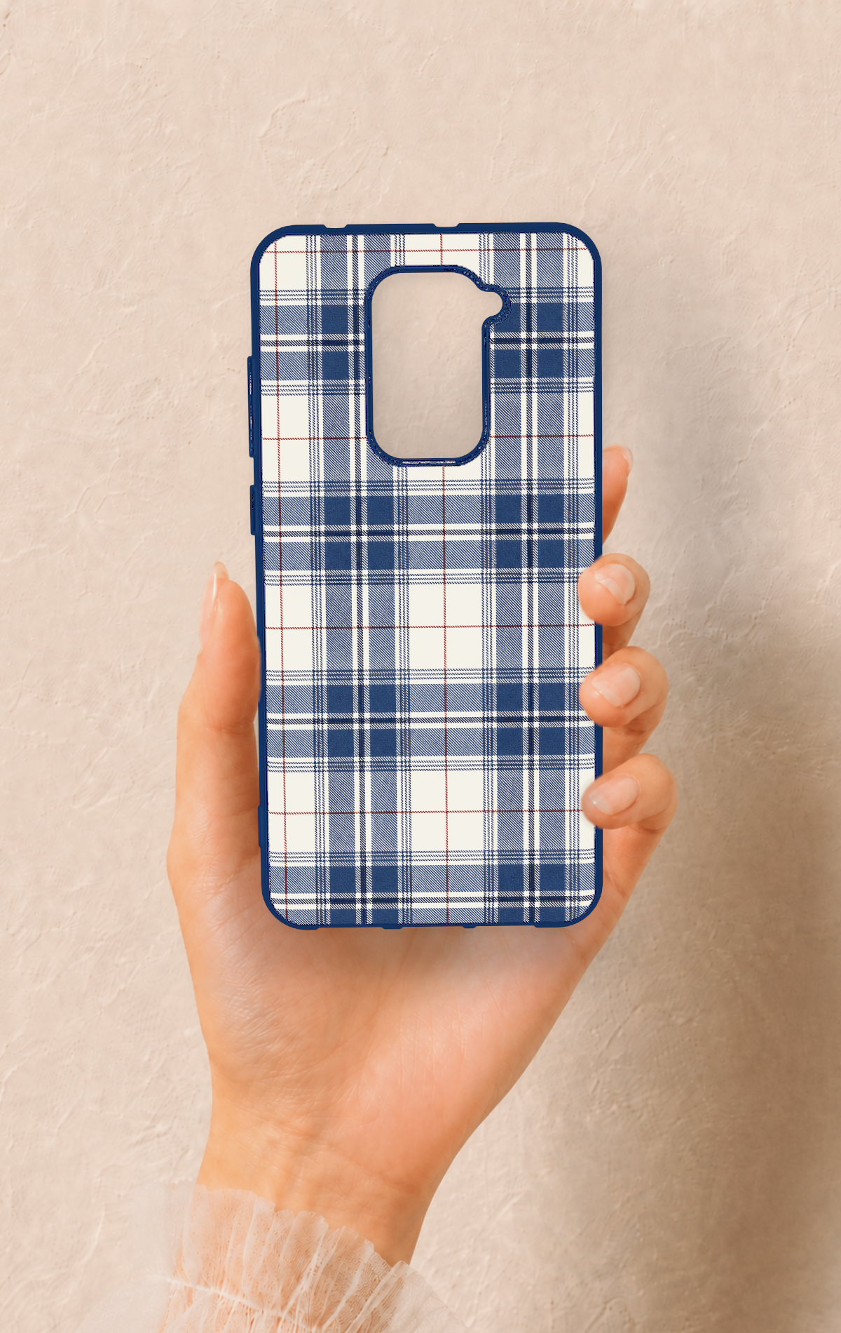 Redmi Note 9 Uyumlu Bej Lacivert Ekose Desenli Silikon Kılıf