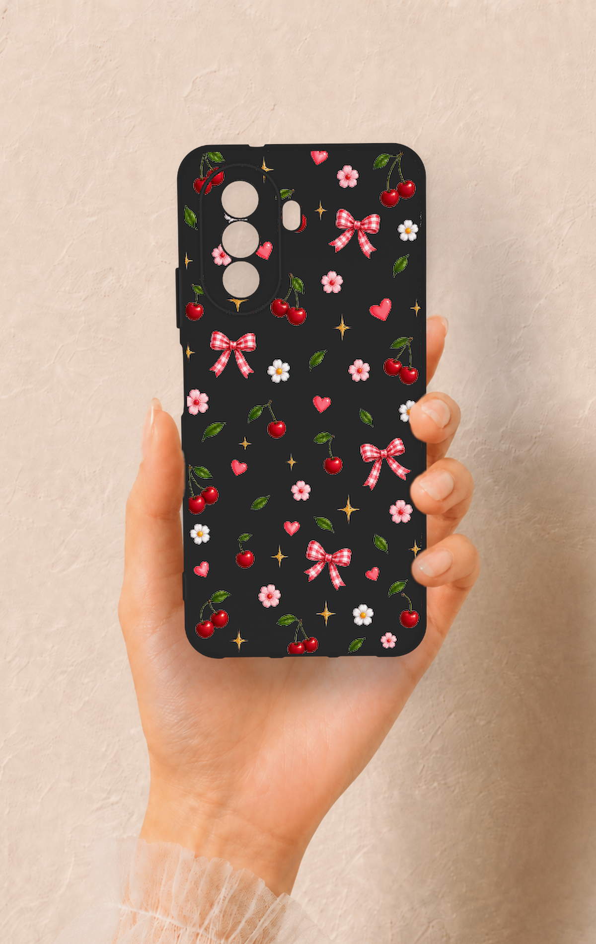 Huawei Nova Y70 Uyumlu Papatya Kiraz Fiyonk Desenli Silikon Kılıf
