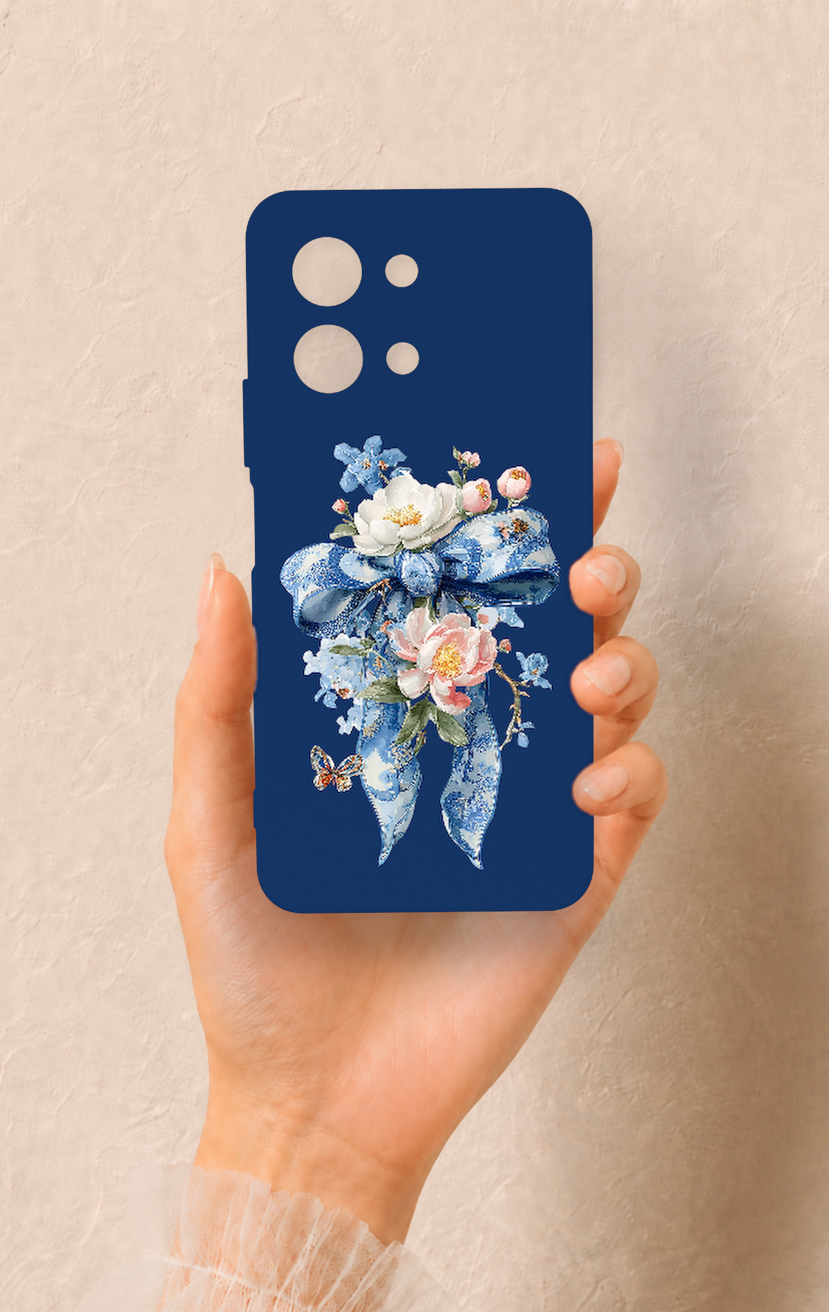 Vivo Y28 Uyumlu Mavi Kurdeleli Çiçek Desenli Silikon Kılıf