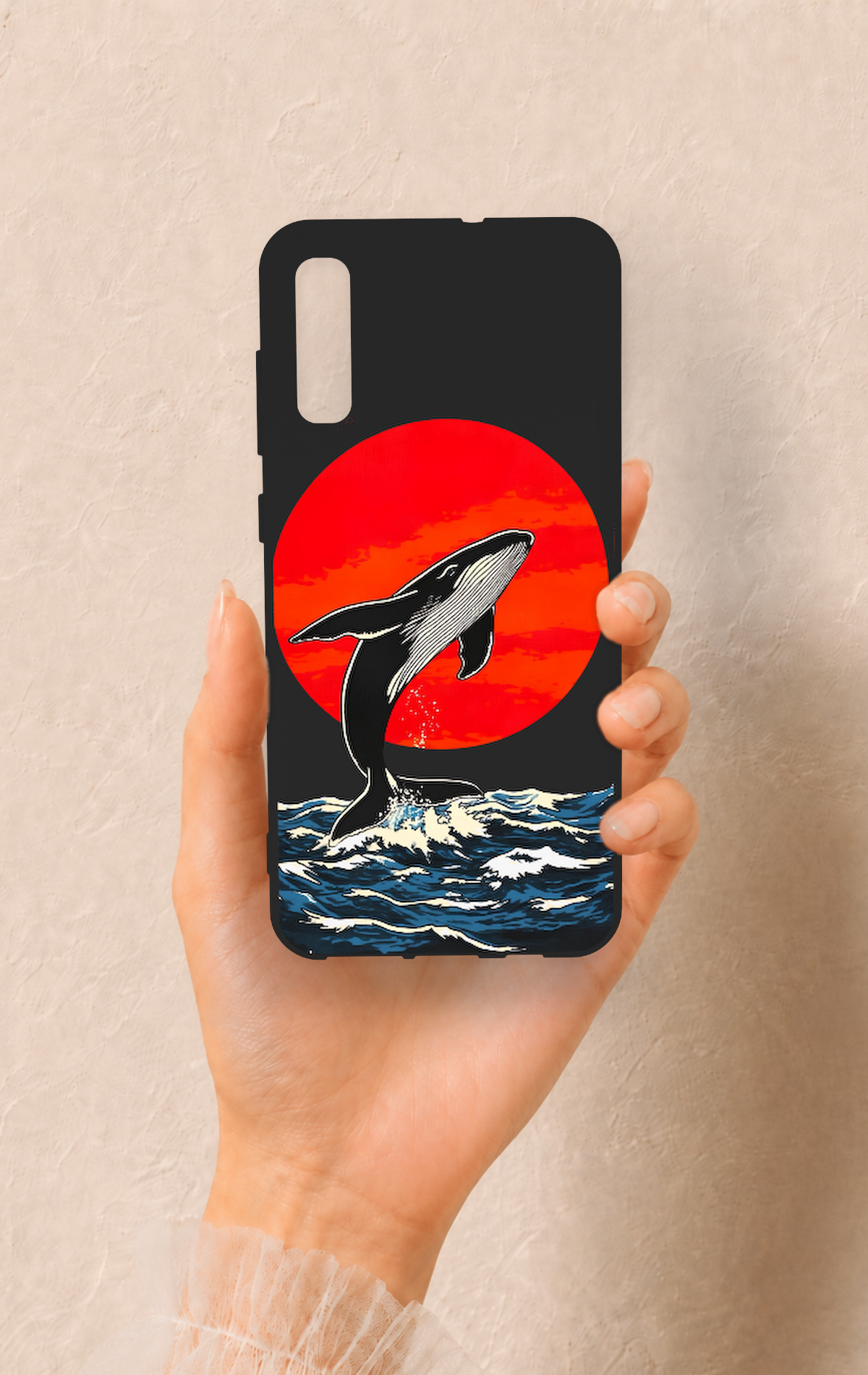 Samsung A70 Uyumlu Kırmızı Güneş Balina Desenli Silikon Kılıf