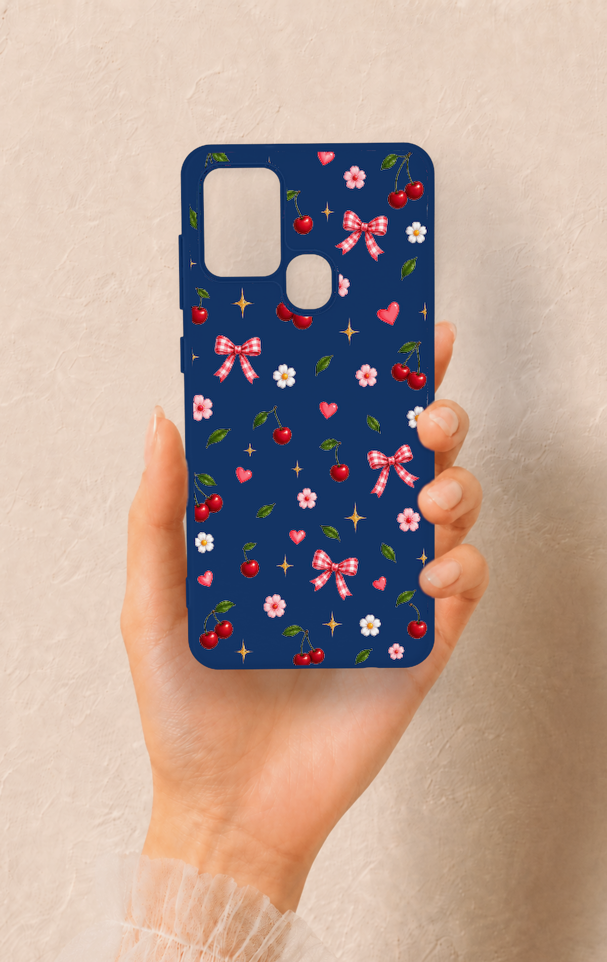 Samsung A21S Uyumlu Çiçek Kiraz Fiyonk Desenli Silikon Kılıf