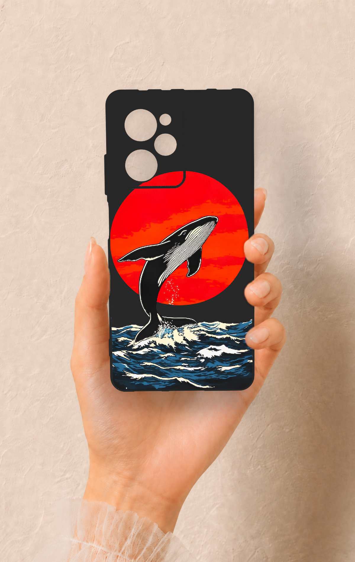 Poco X5 Pro Uyumlu Kırmızı Güneş Balina Desenli Silikon Kılıf