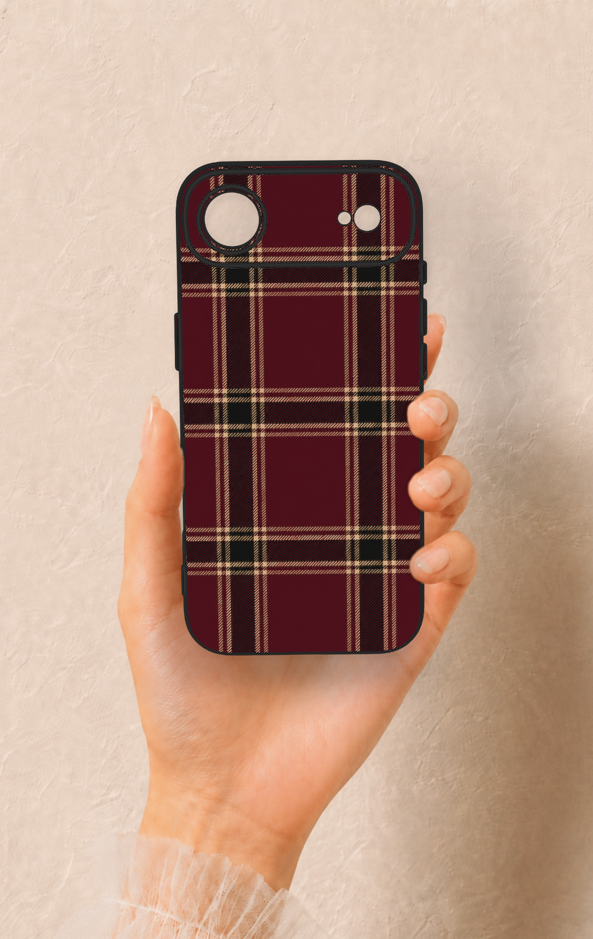 iPhone 17 Air Uyumlu Bordo Siyah Ekose Desenli Silikon Kılıf