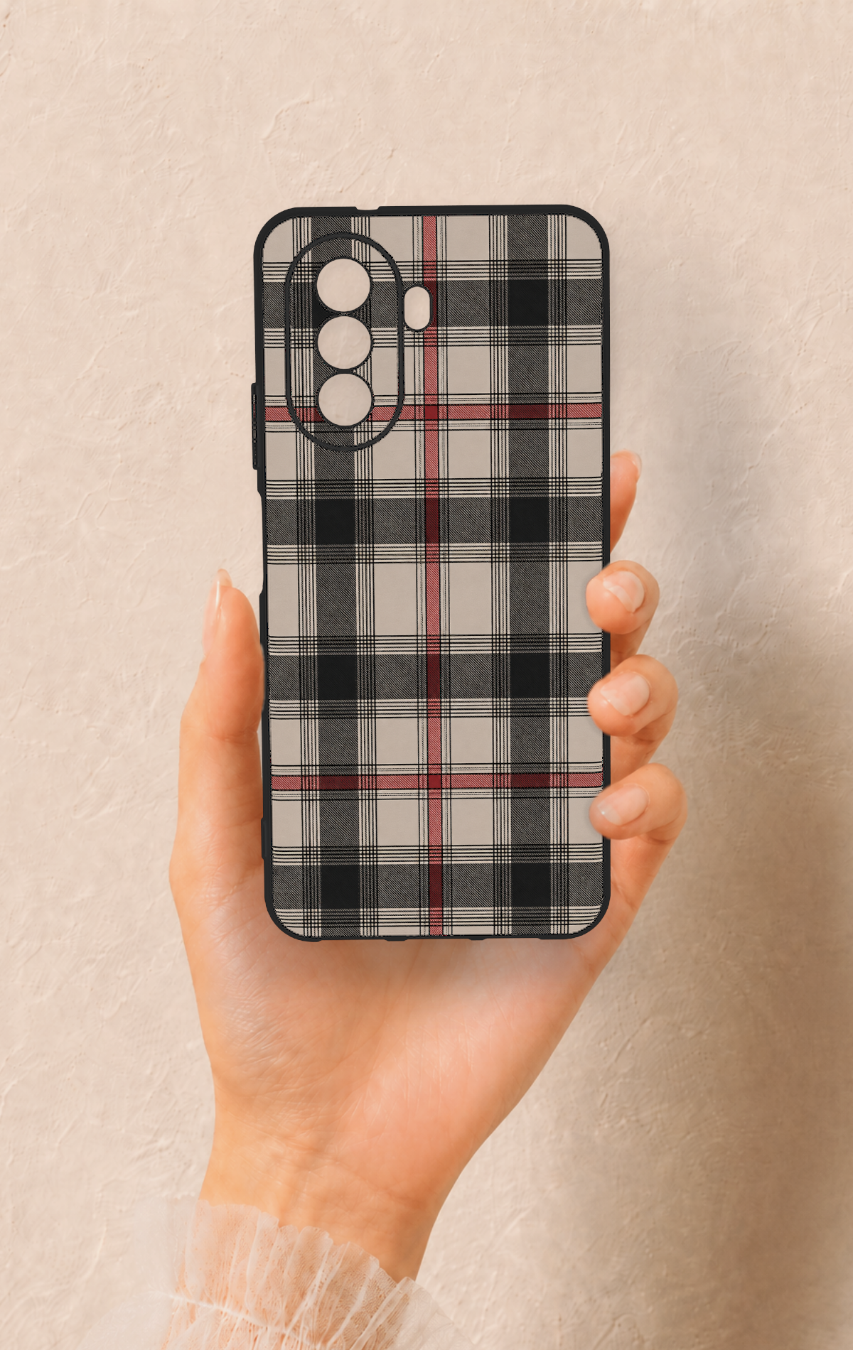 Huawei Nova Y70 Uyumlu Siyah Kırmızı Ekose Desenli Silikon Kılıf